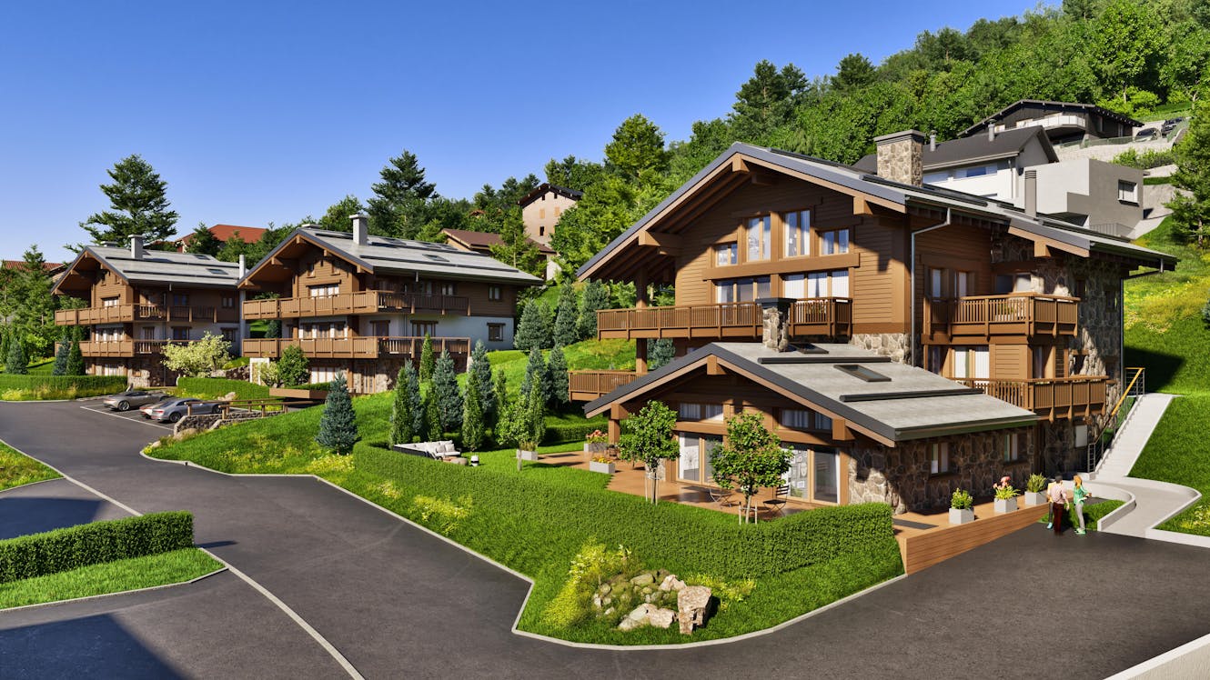 Digital 3D rendering of premium mountain residential buildings