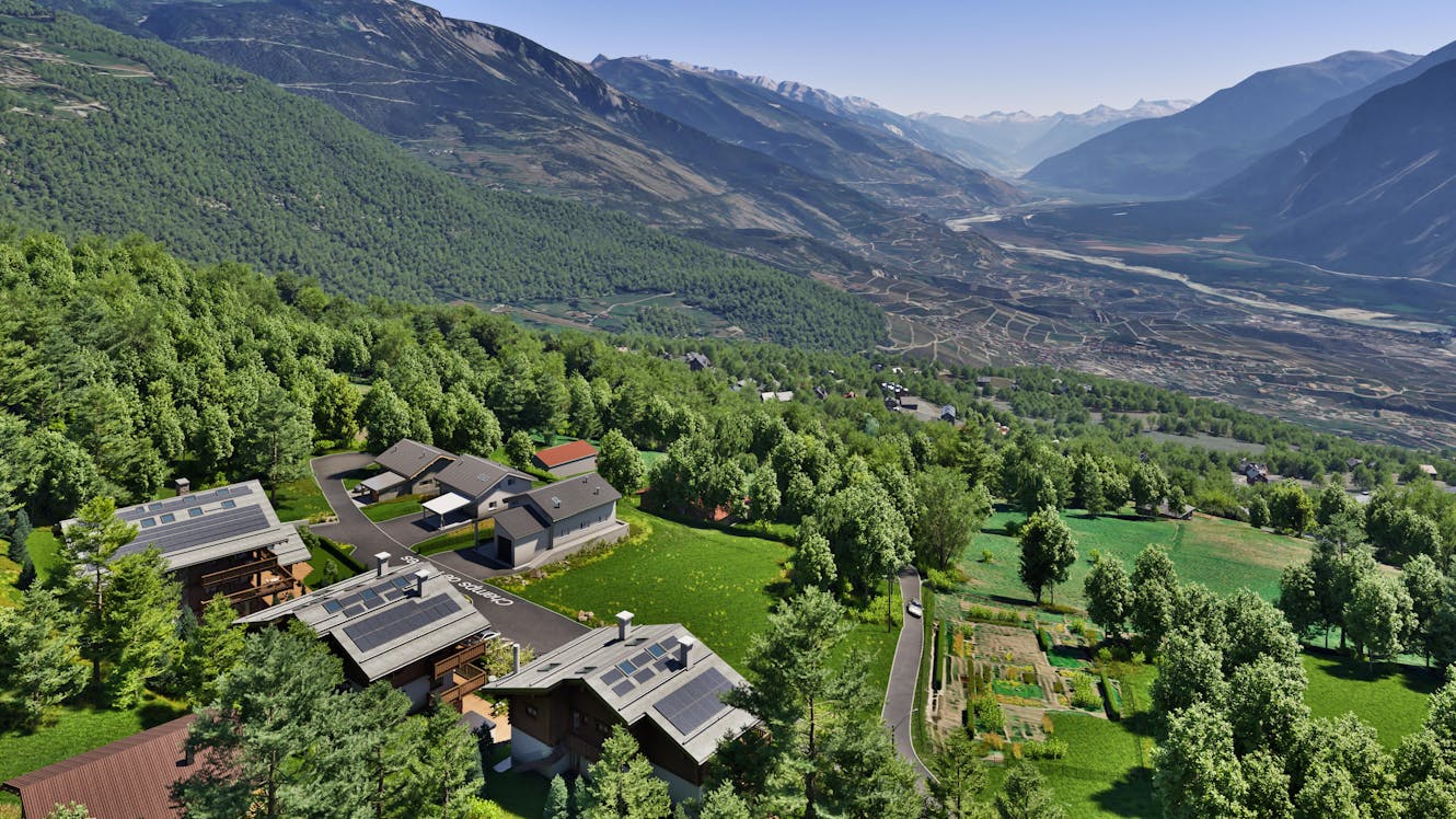 High-quality 3D rendering of premium Alpine apartments with terraces overlooking Pennine Alps peaks