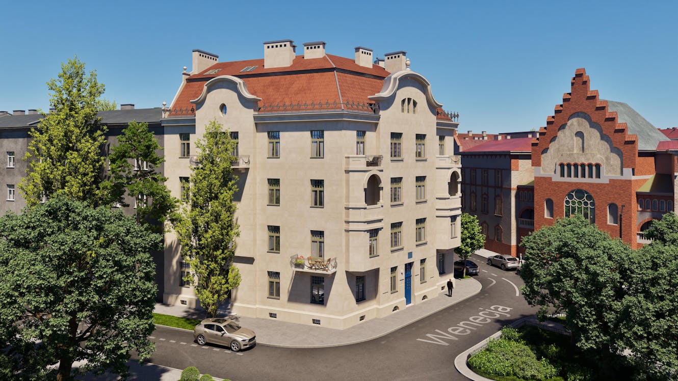 Digital twin presentation of restored 1911 building with views of Wawel Castle and historic Krakow