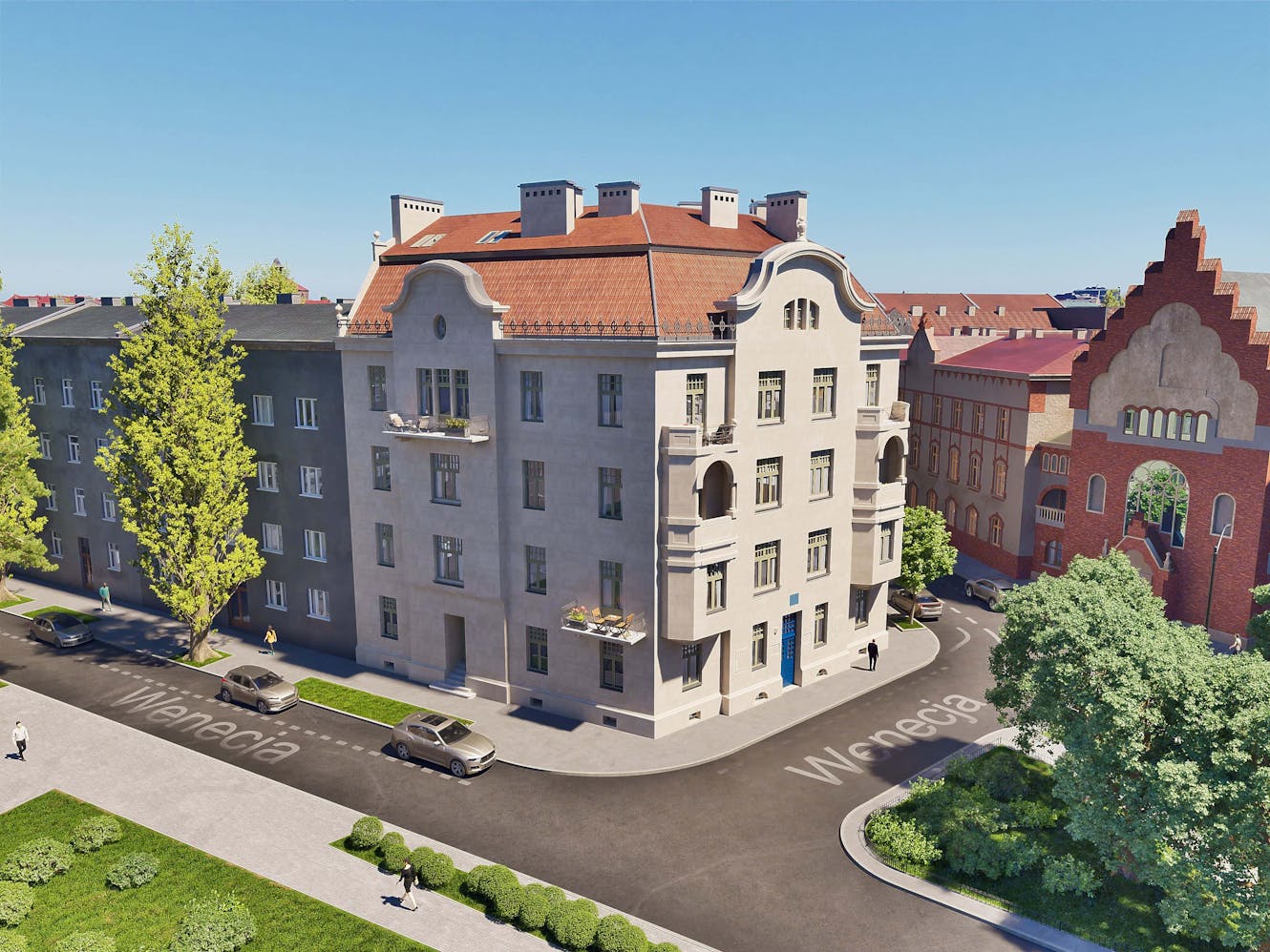 Interactive 3D twin showing apartment views and green space perspectives in downtown Krakow location