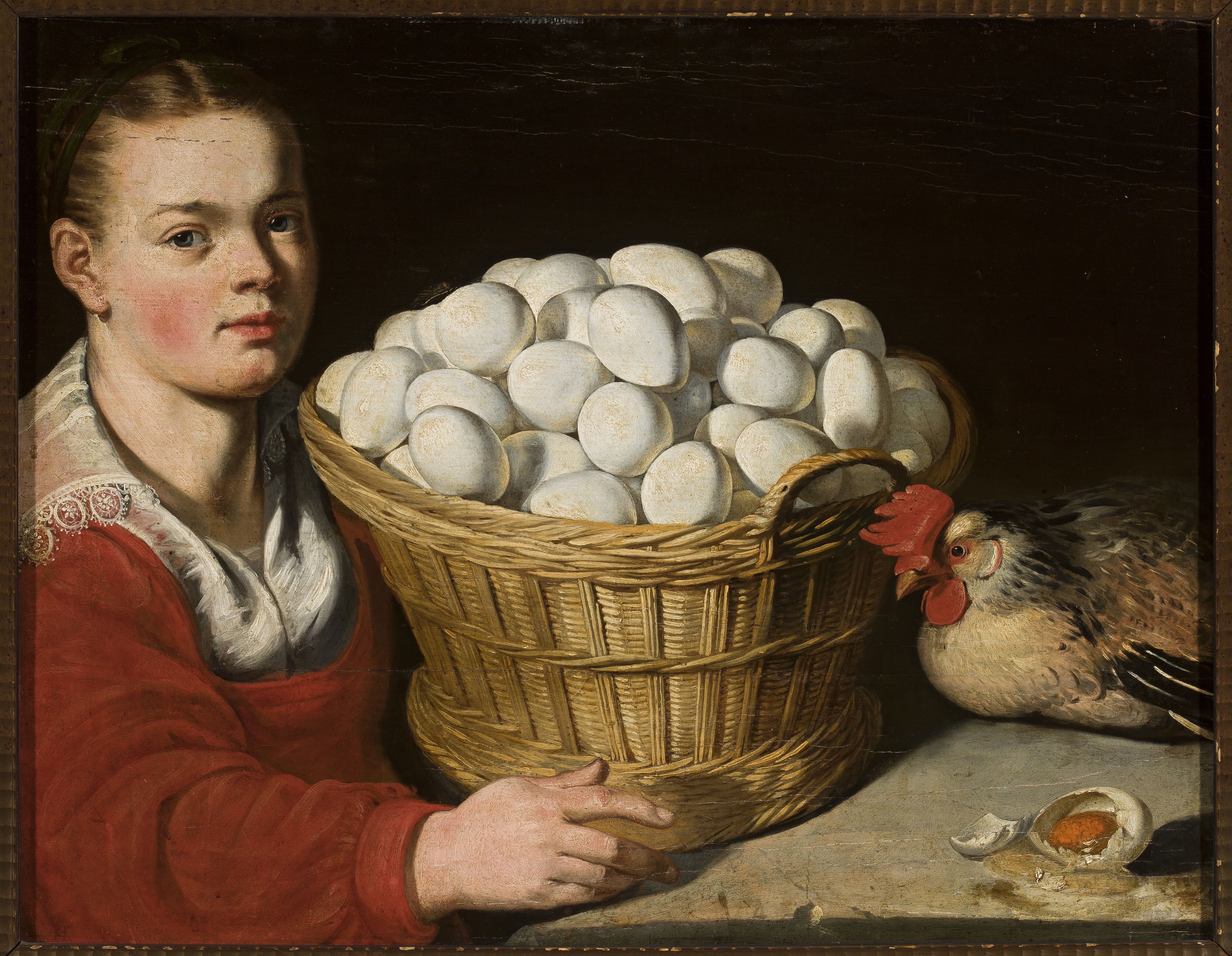 Painting of a girl in a red holding a wicker basket of a ton of eggs. A rooster is in the right corner.