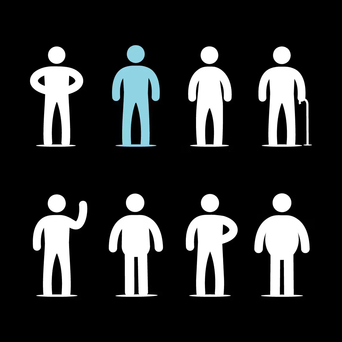 People icons showing a range of body shapes, ages and physical abilities, with one figure highlighted in blue.