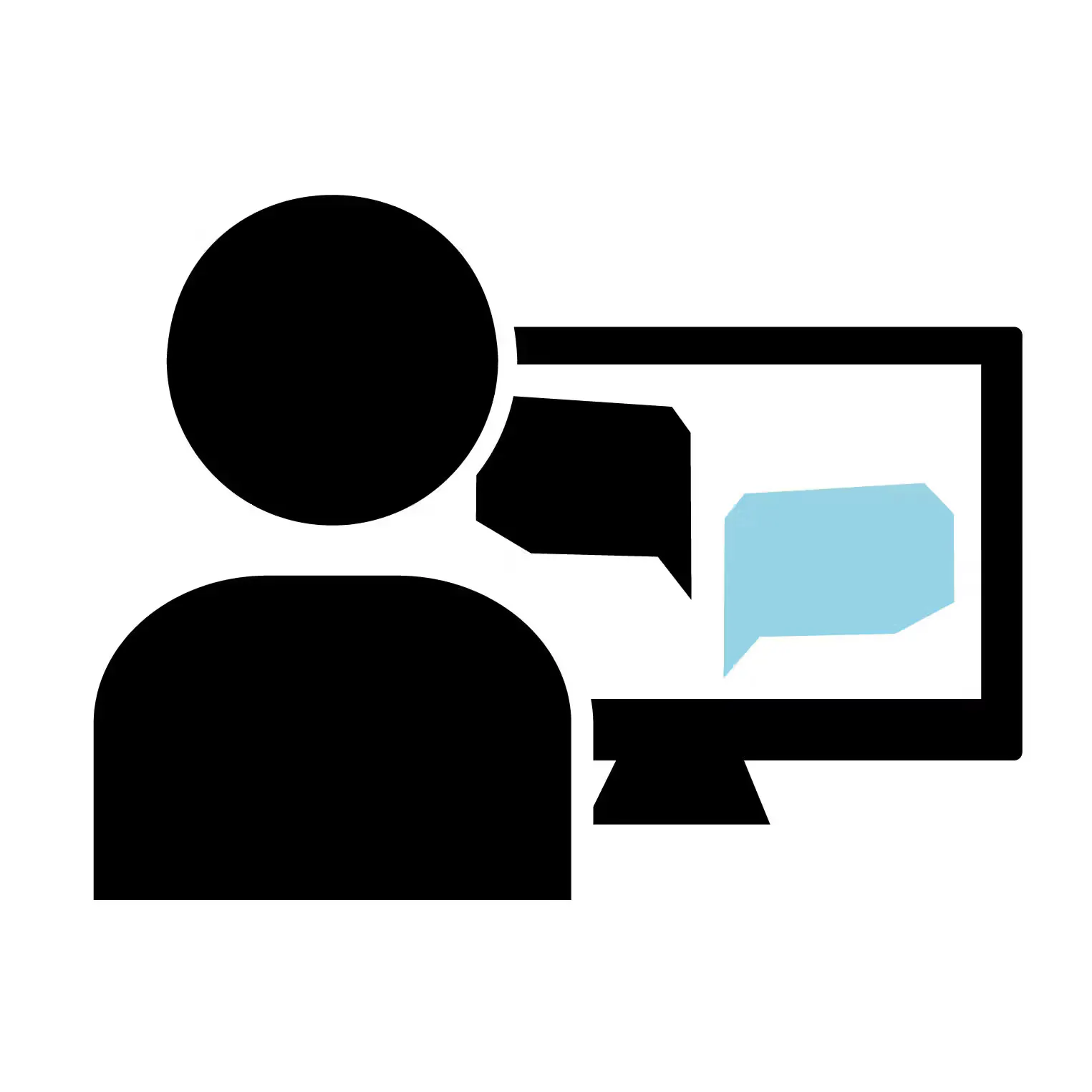Person speaking beside a computer screen with speech bubbles icon.