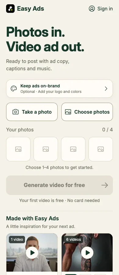 Easy Ads creation page with four photo slots and an optional Brand Kit