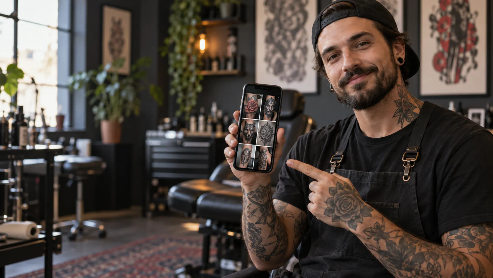 Tattoo artist showcasing a finished portfolio for Instagram marketing
