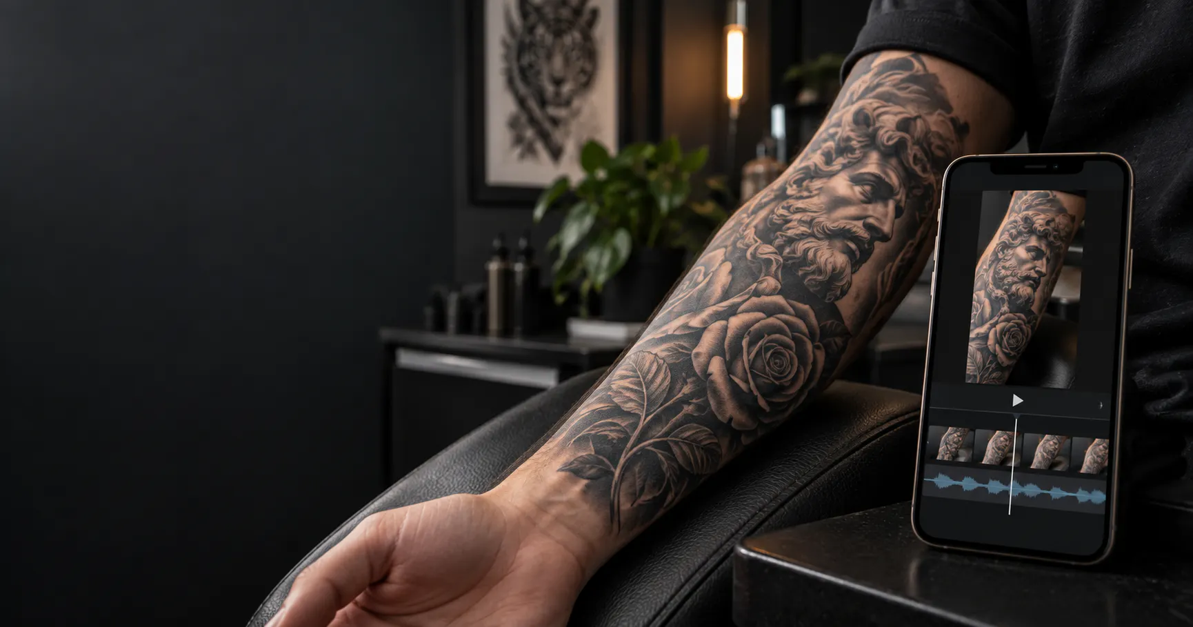 Tattoo artist using a smartphone to preview a tattoo portfolio video