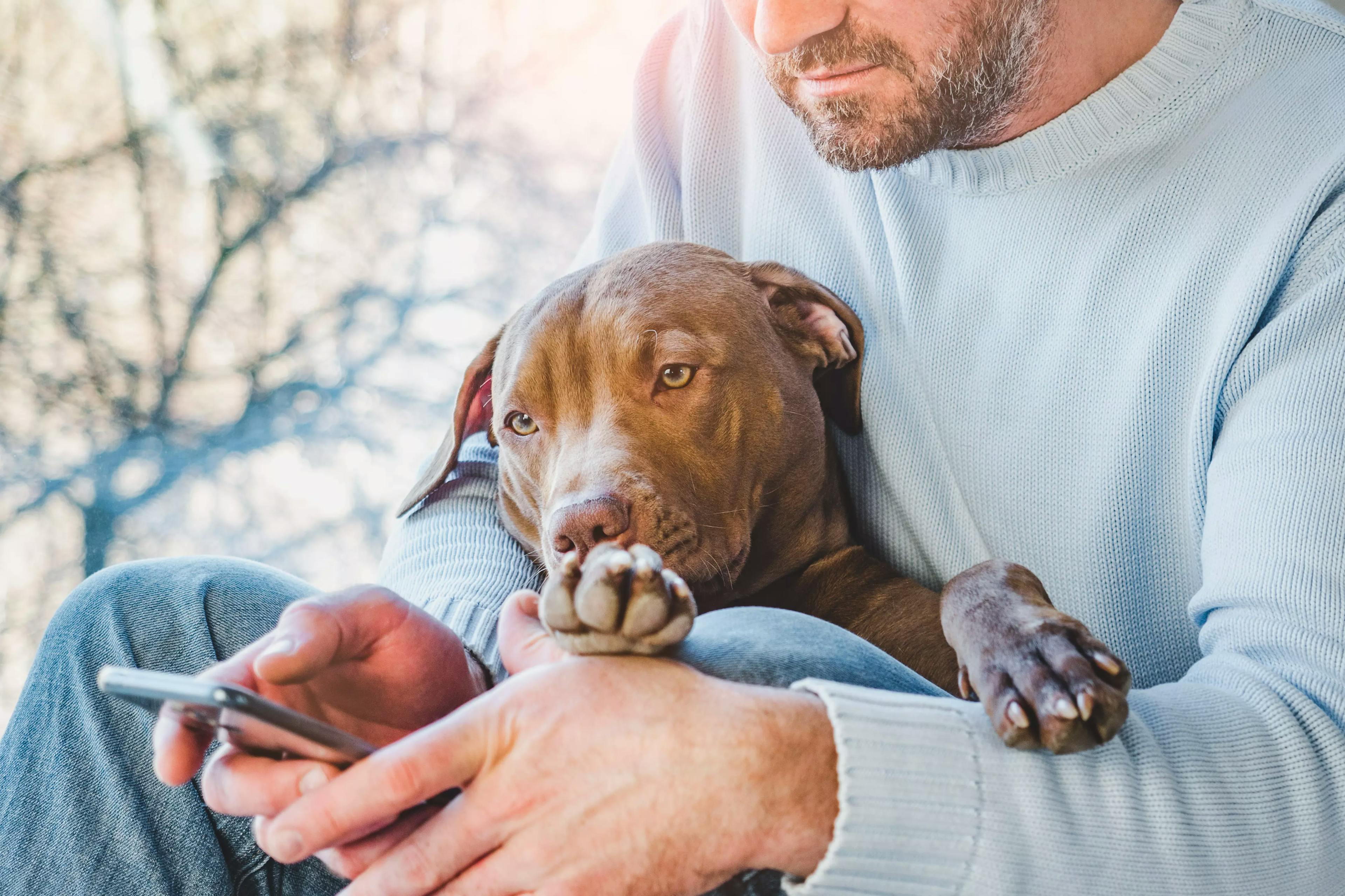 чоловік обіймає собаку і тримає в руках телефон
