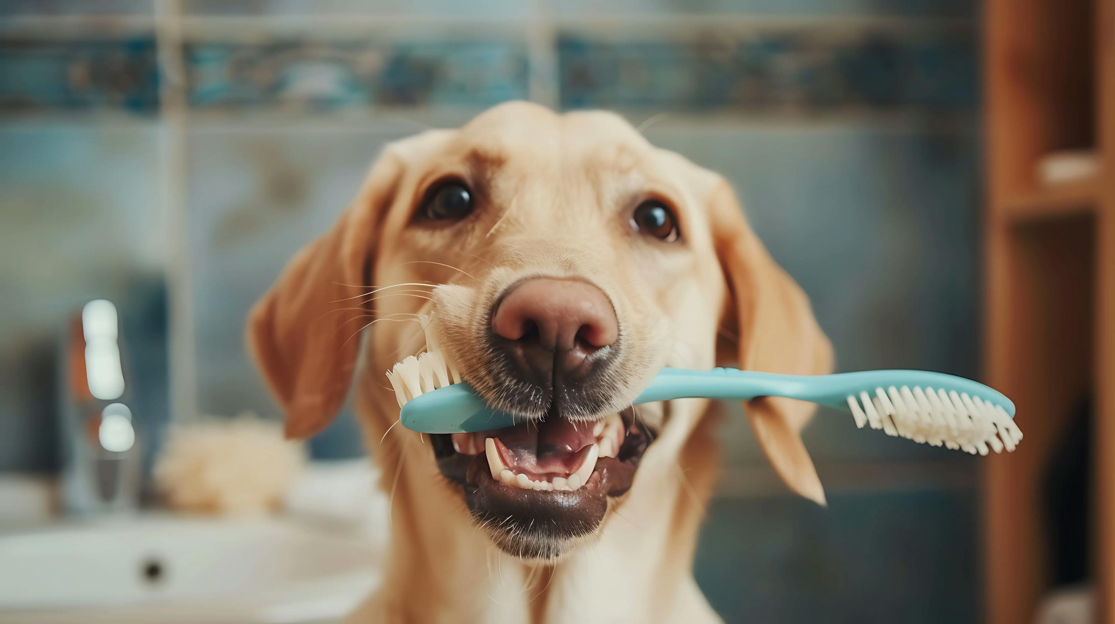 собака із зубною щіткою у пащі