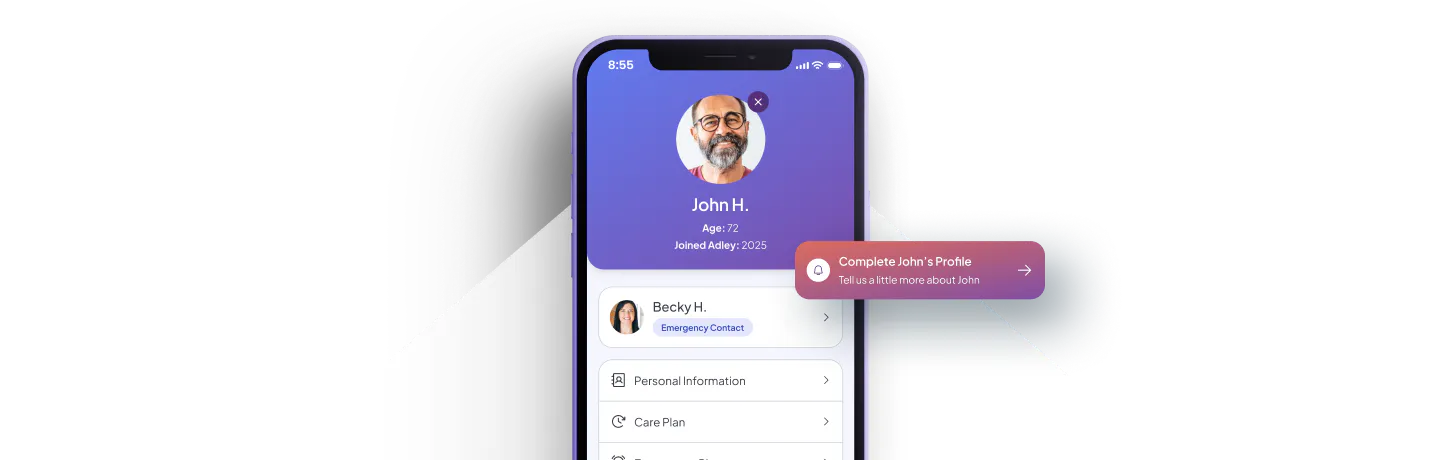 Adley Health personal care app interface