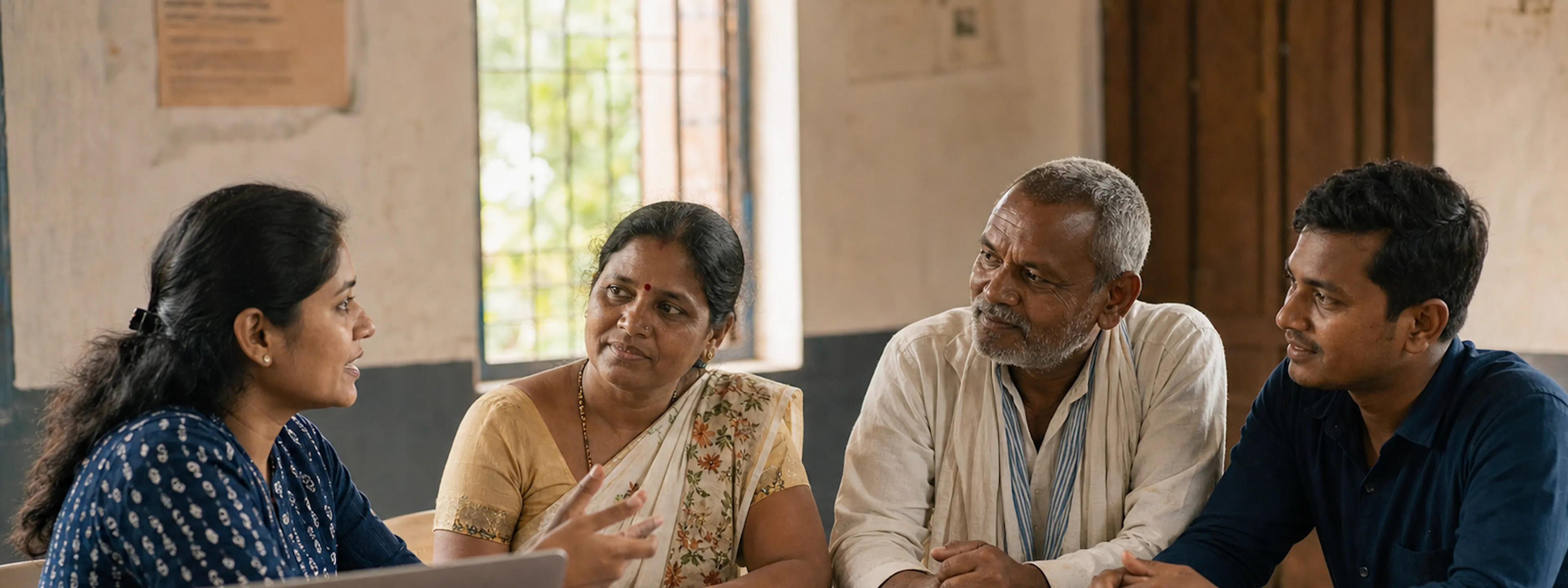 A legal-aid facilitator guiding community members during an awareness session