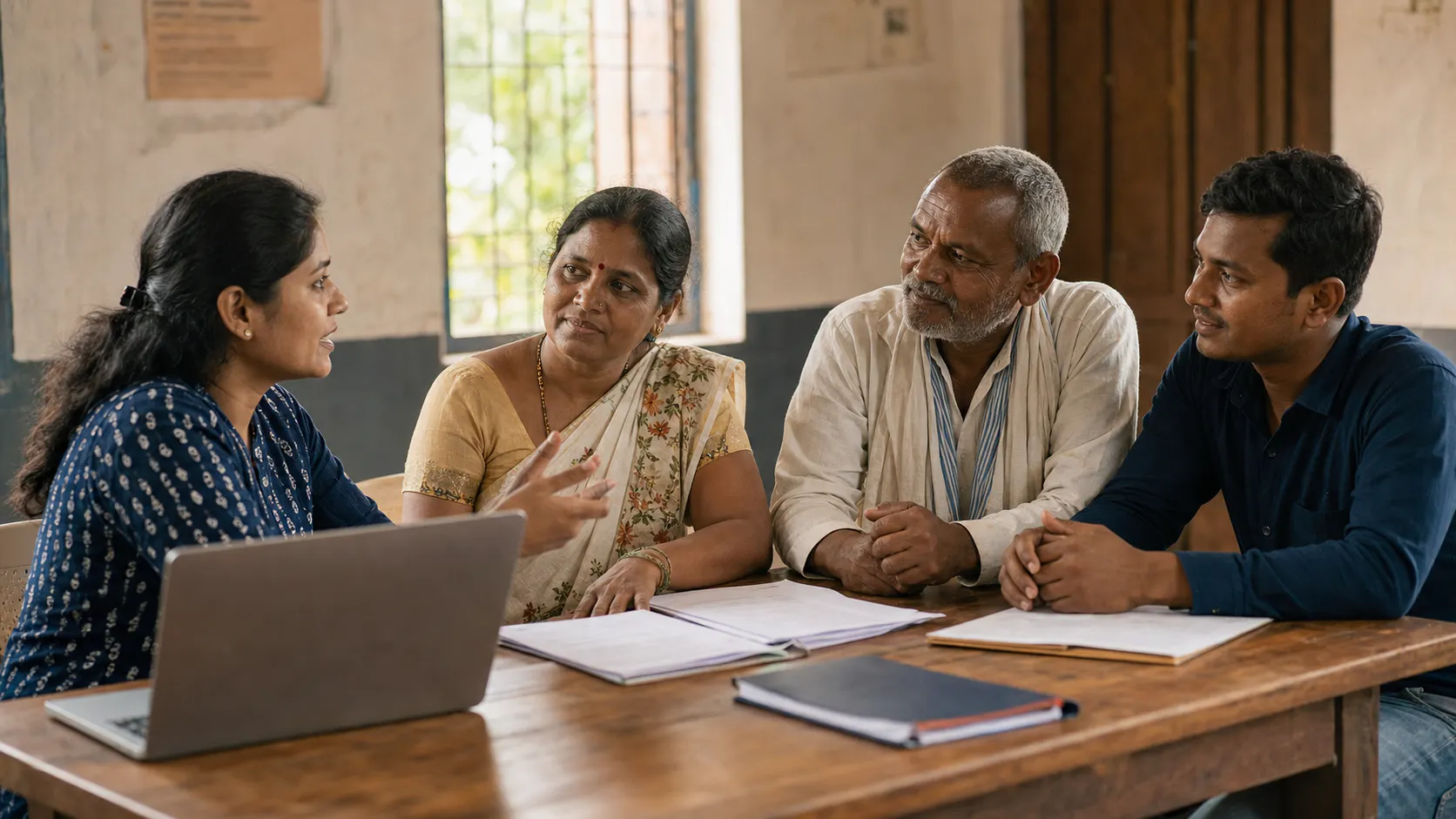 A legal-aid facilitator guiding community members during an awareness session