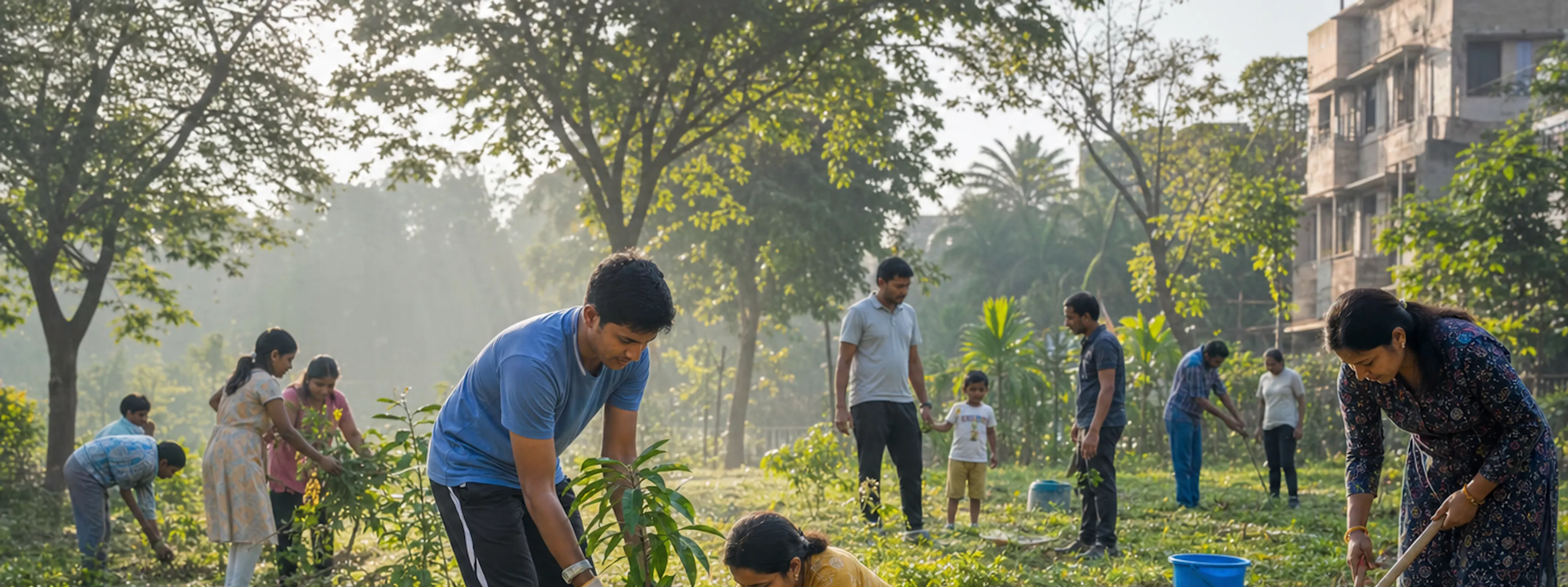 Community members planting trees and cleaning a shared green space