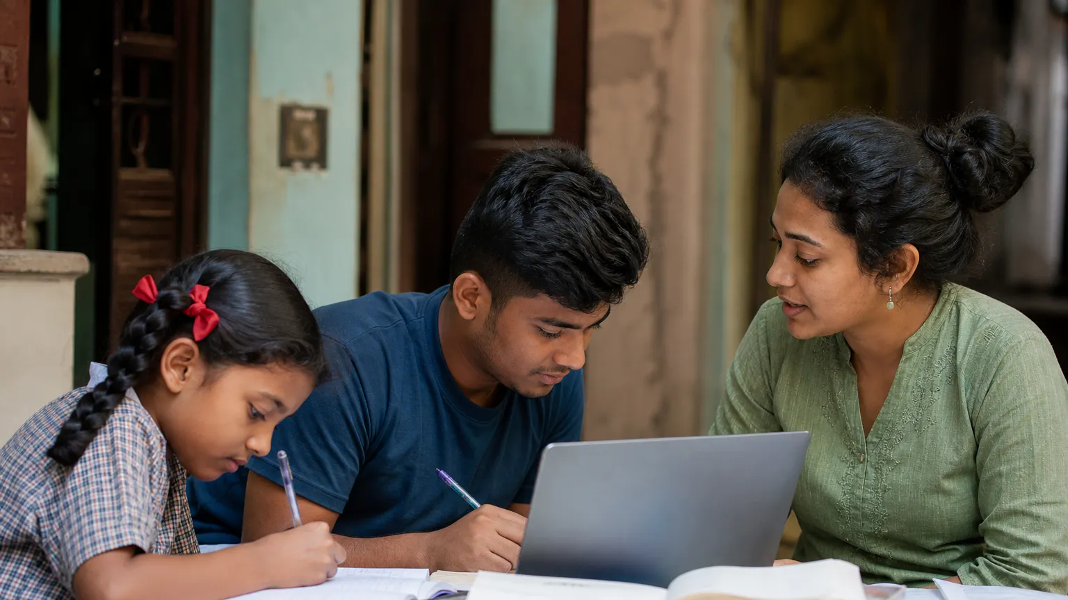 Students receiving educational guidance at a community learning table