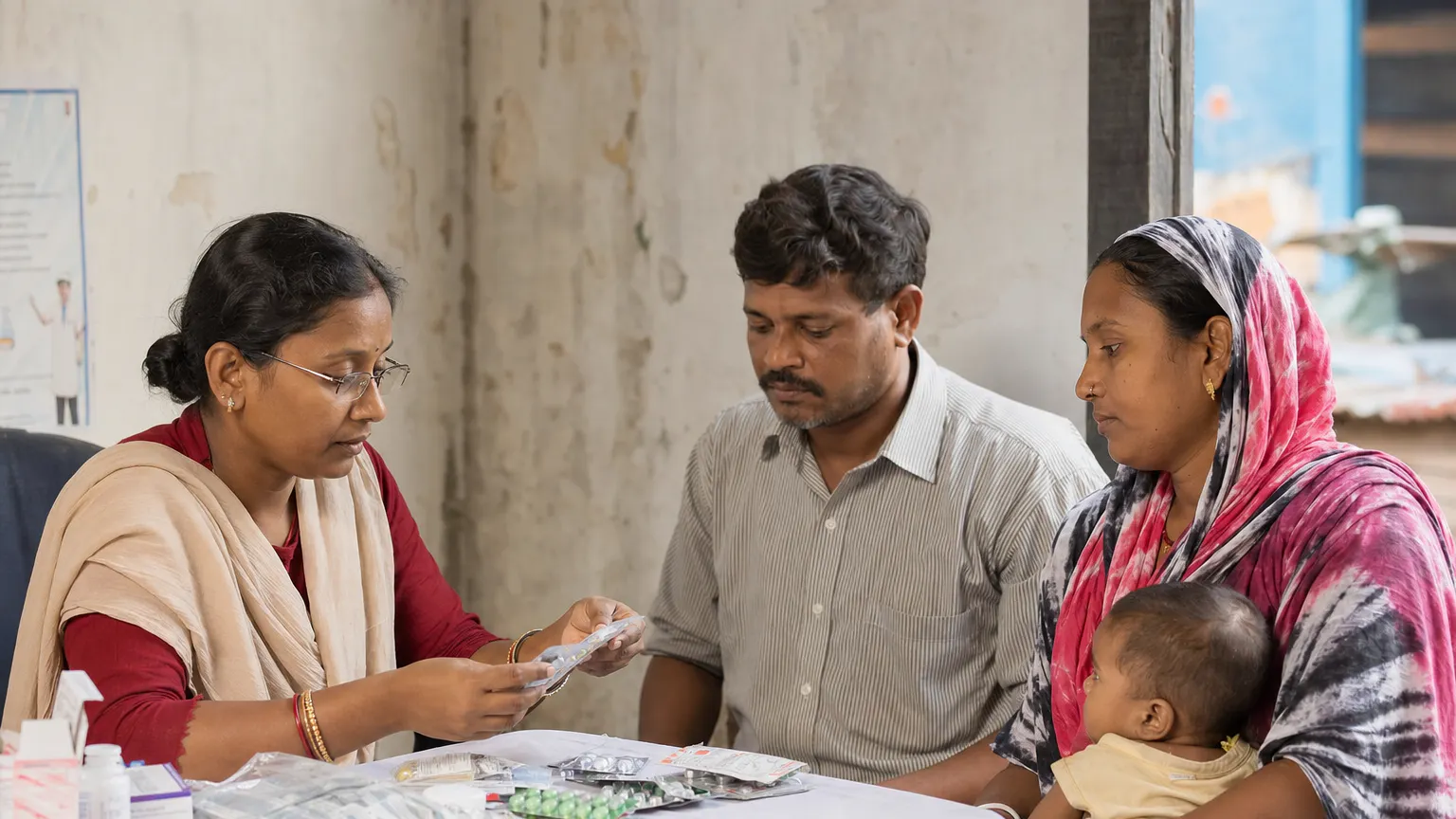 A community health worker providing medicine support to a family
