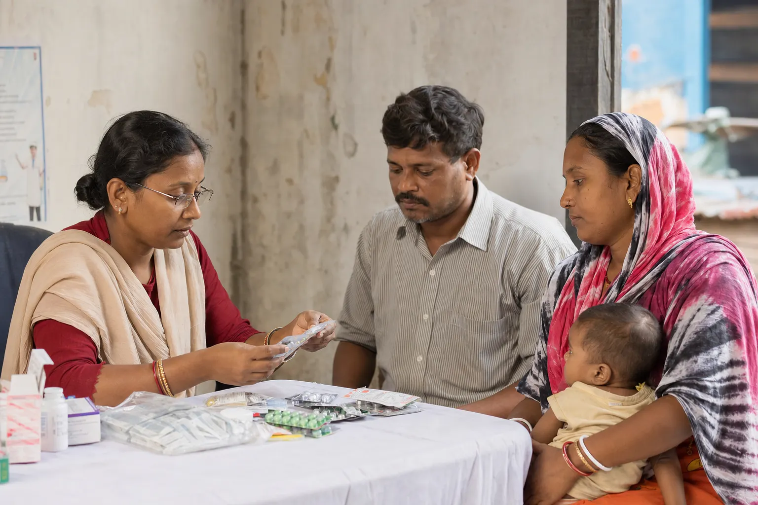 A community health worker providing medicine support to a family