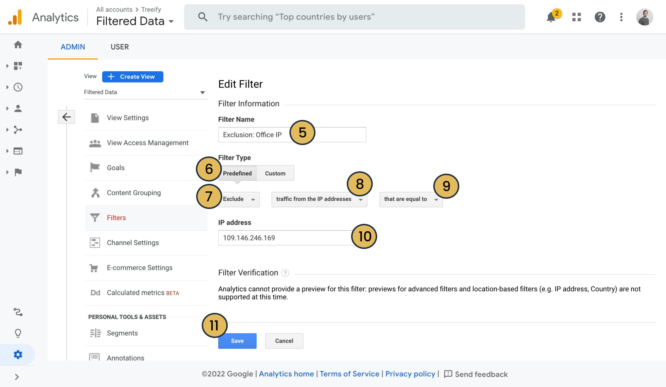 Screenshot of Google Analytics setting up exclusion filters for IP addresses