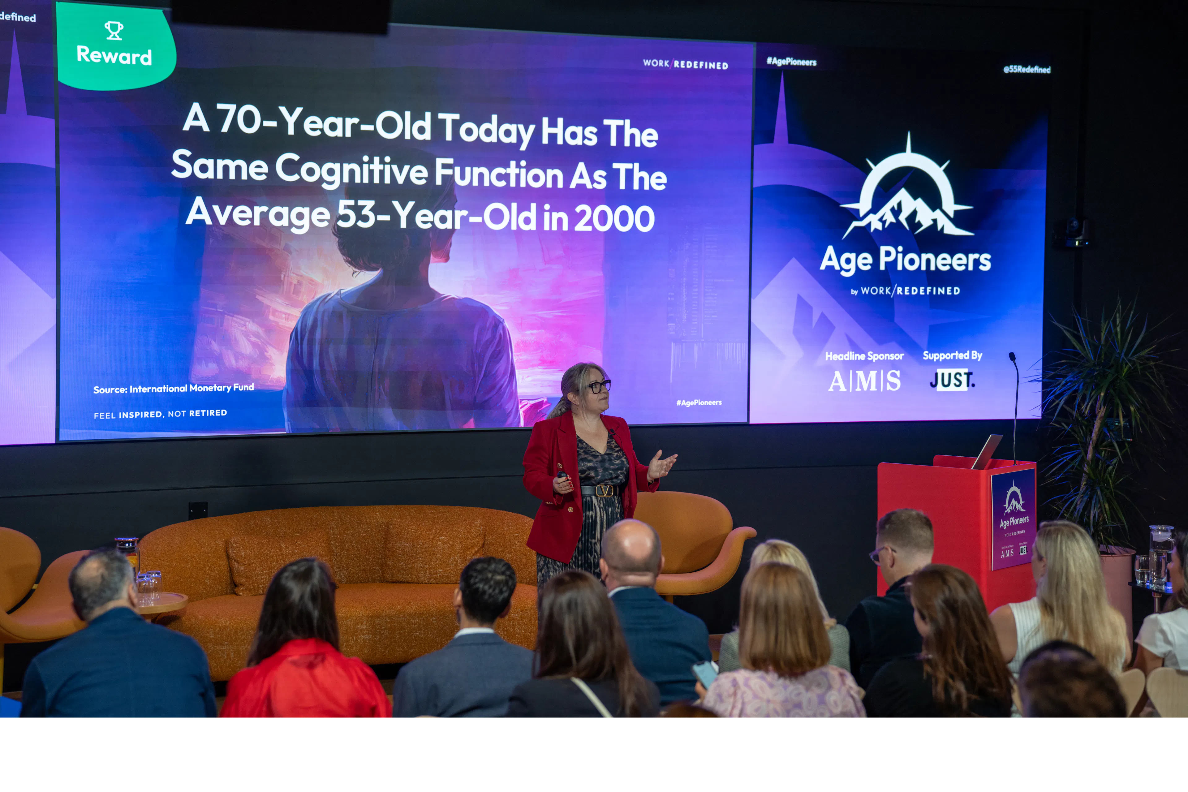 Lyndsey Simpson of 55/Redefind speaking to the audience at Age Pioneers