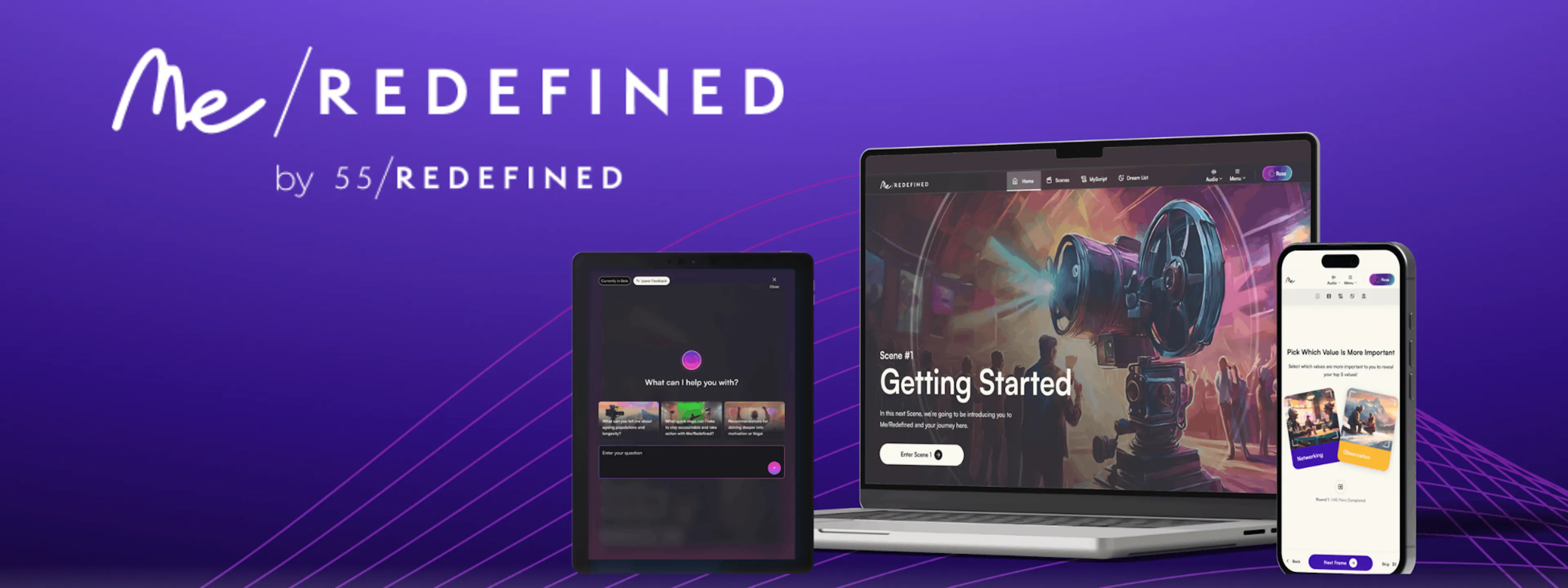Me/Redefined logo and visuals on devices