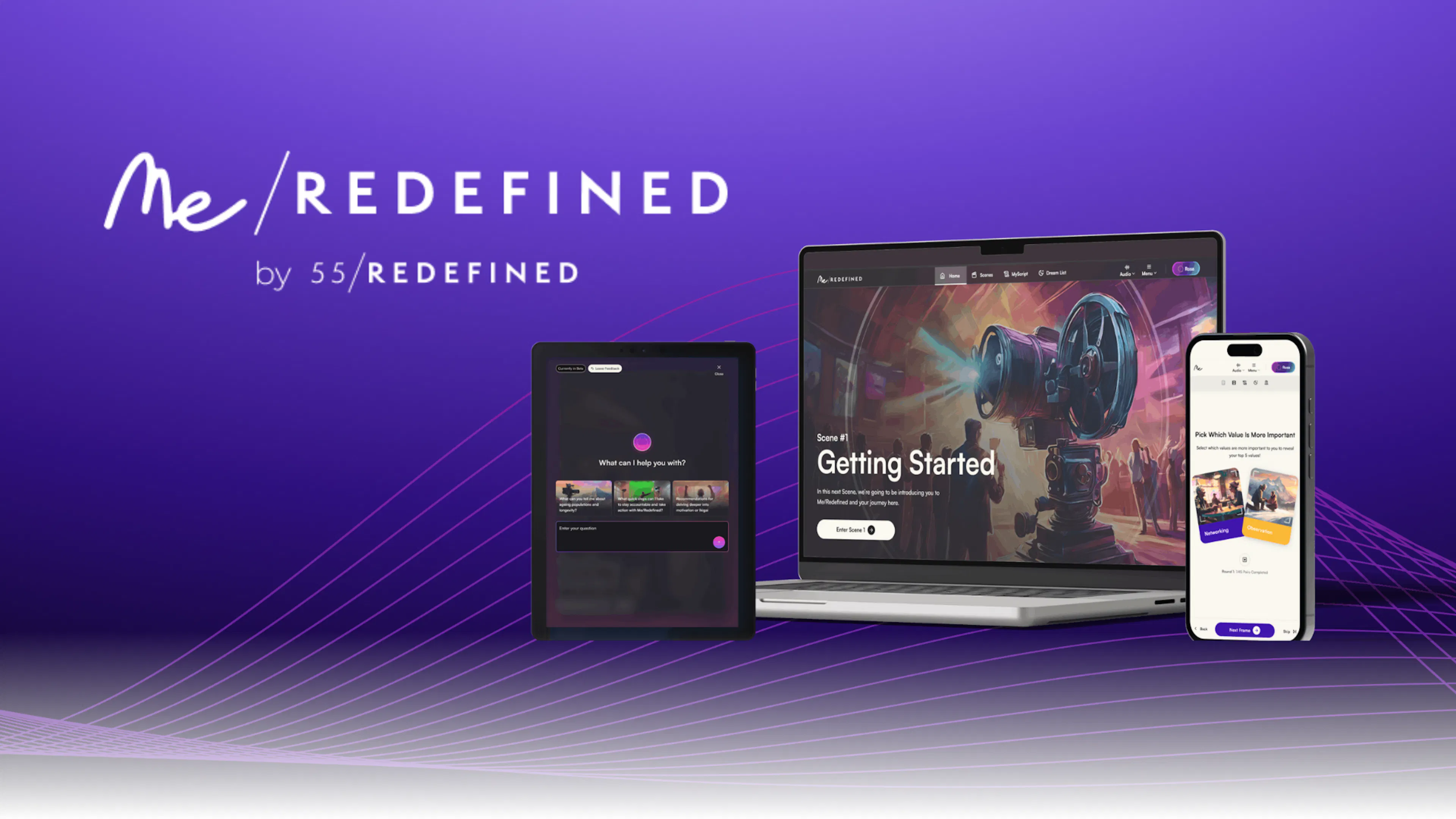 Me/Redefined logo and visuals on devices