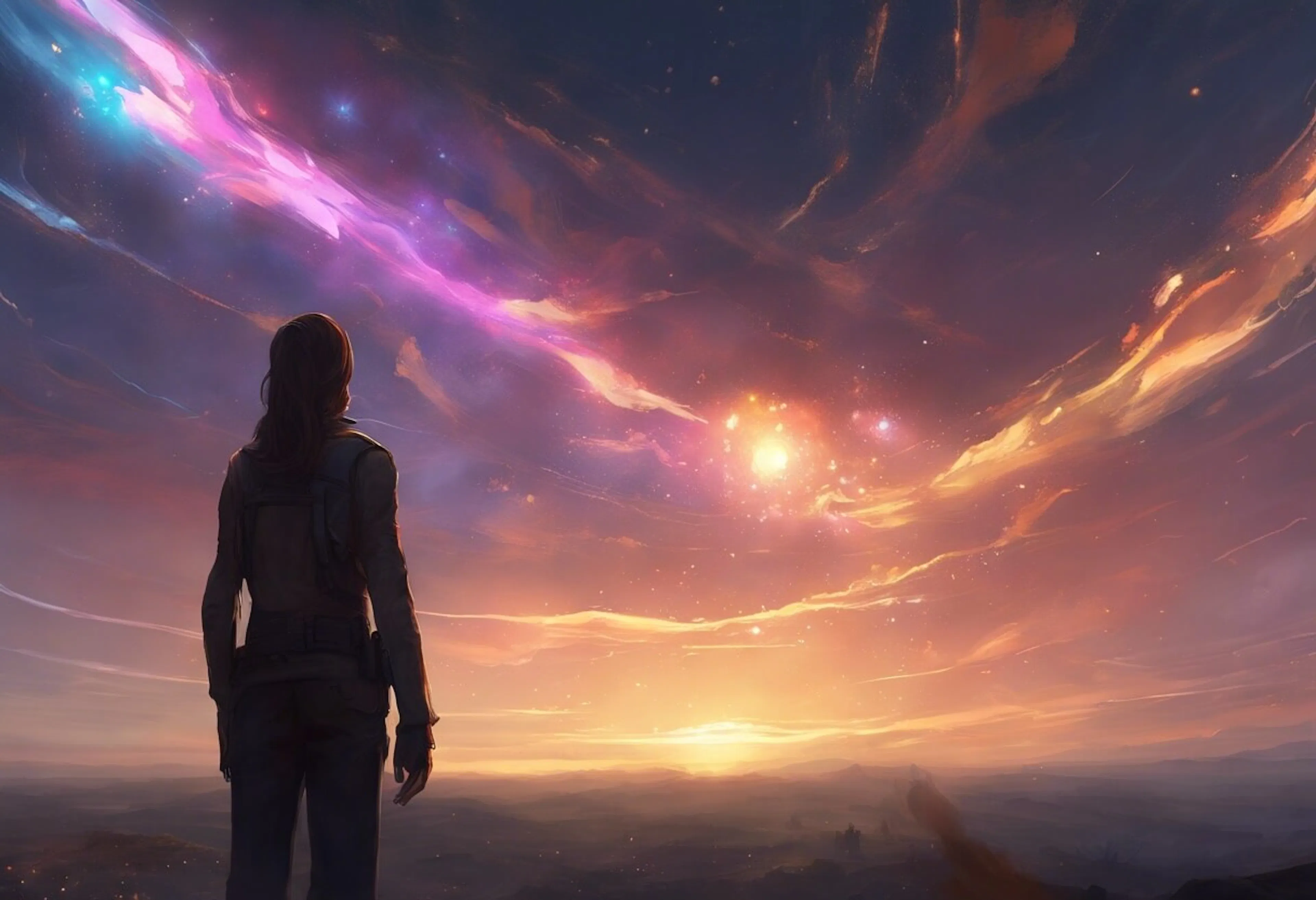 Painting of a lady staring out into the nights sky.