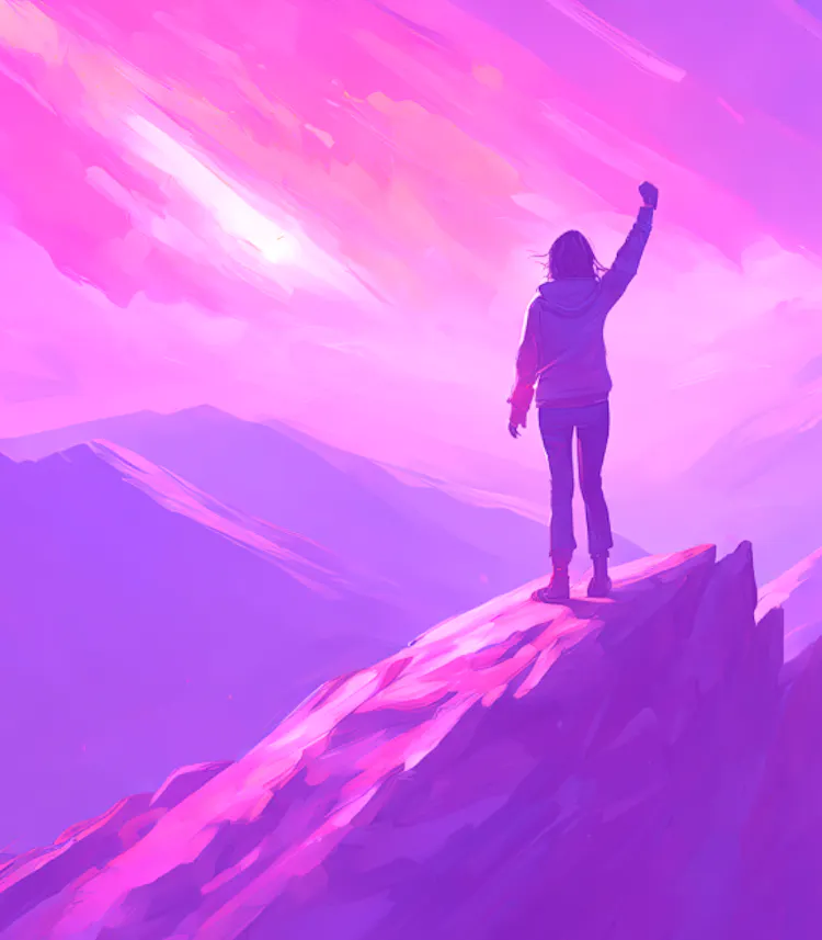 Silhouette of a person raising their fist in triumph on a mountain peak at sunrise, representing employee re-energisation, motivation, and renewed workplace engagement