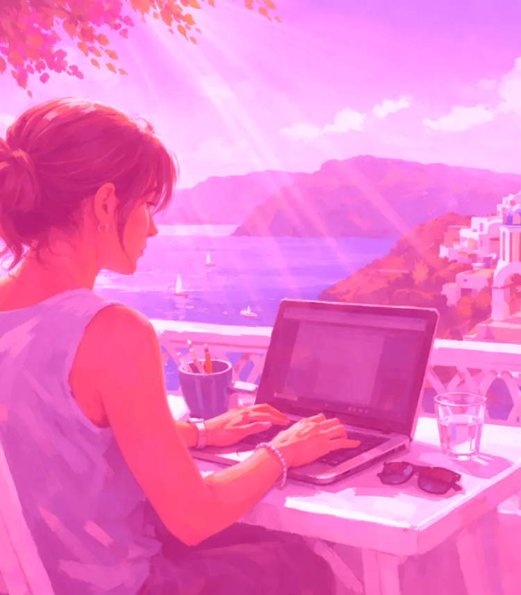Woman working on a laptop at an outdoor table overlooking a scenic coastal town in sunlight, representing employee reskilling, remote learning, and professional development