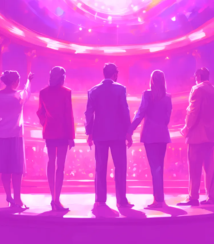 Group of five business professionals standing together facing a glowing arena, representing workforce redeployment and strategic talent redistribution across teams