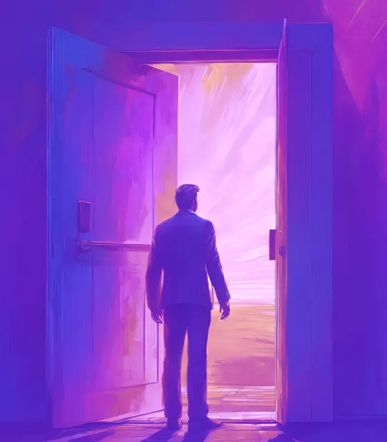 Silhouette of a professional standing before an open door leading to a bright horizon, symbolising employee retention and new opportunities within the organisation