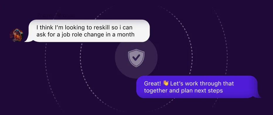 AI career coaching chat conversation where an employee plans to reskill for a job role change, with a trusted advisor responding to help plan next steps