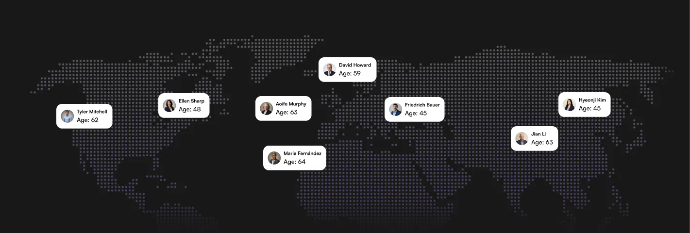 World map showing global employee profiles with names and ages distributed across multiple continents, representing a worldwide workforce knowledge network