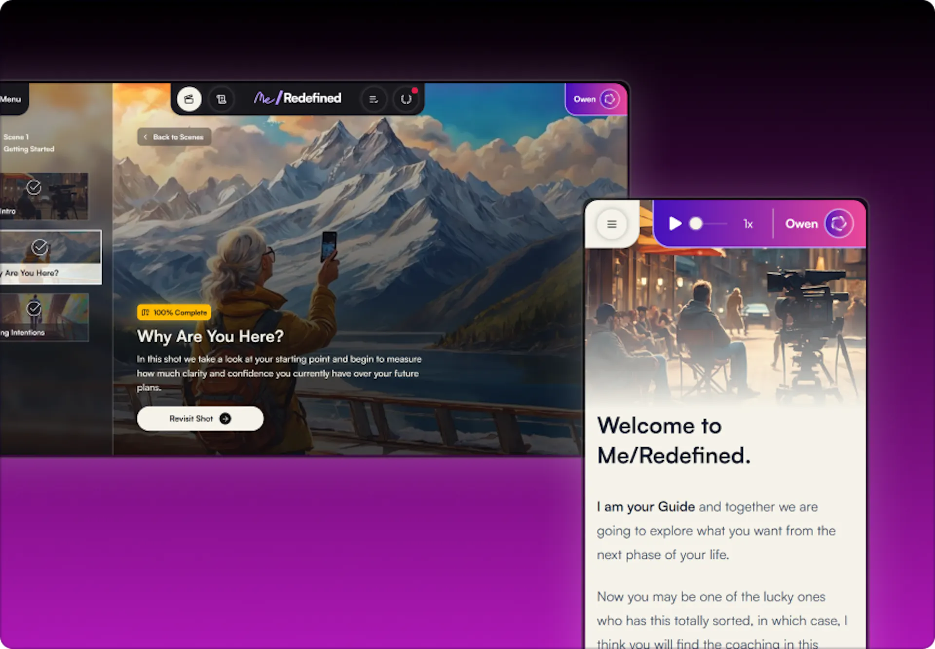 MeRedefined employee wellbeing app showing a guided onboarding experience with a welcome message from a personal guide and a mountain landscape background