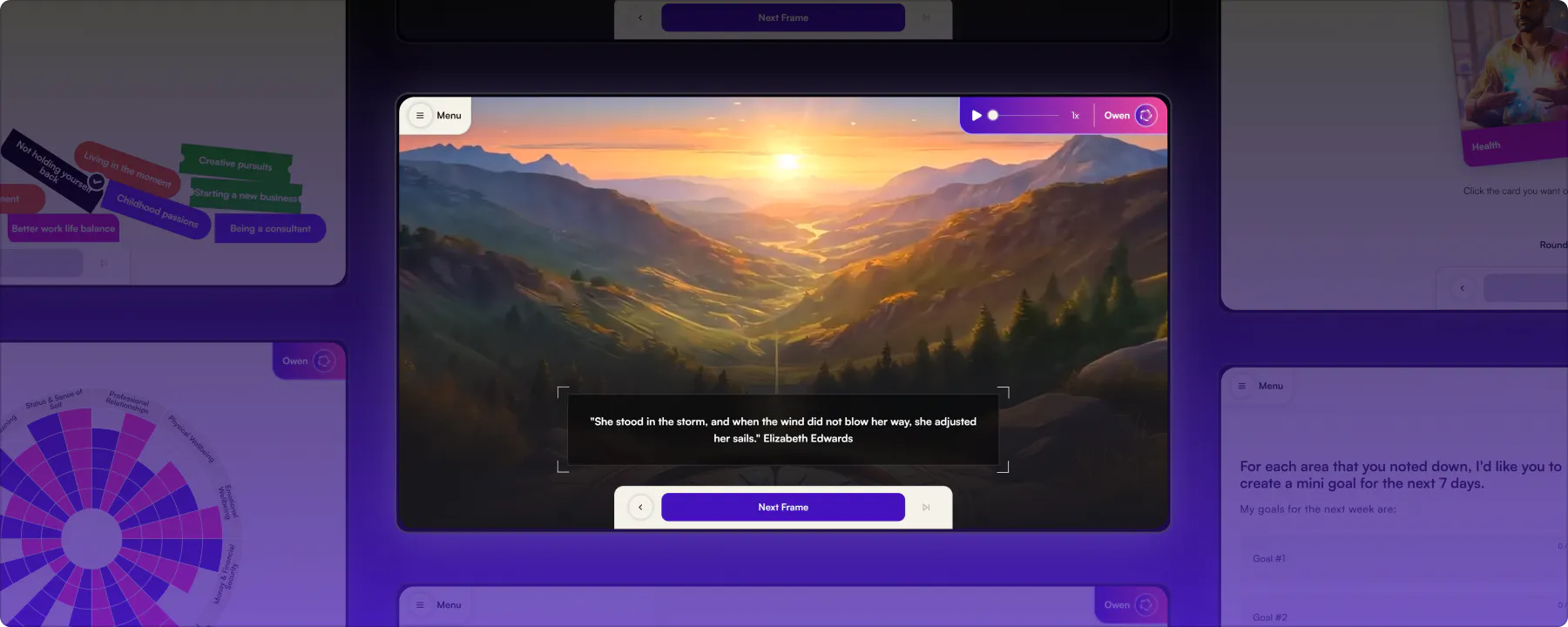 MeRedefined employee wellbeing platform showing a scenic mountain sunset meditation scene with an inspirational Elizabeth Edwards quote and daily goal-setting prompt