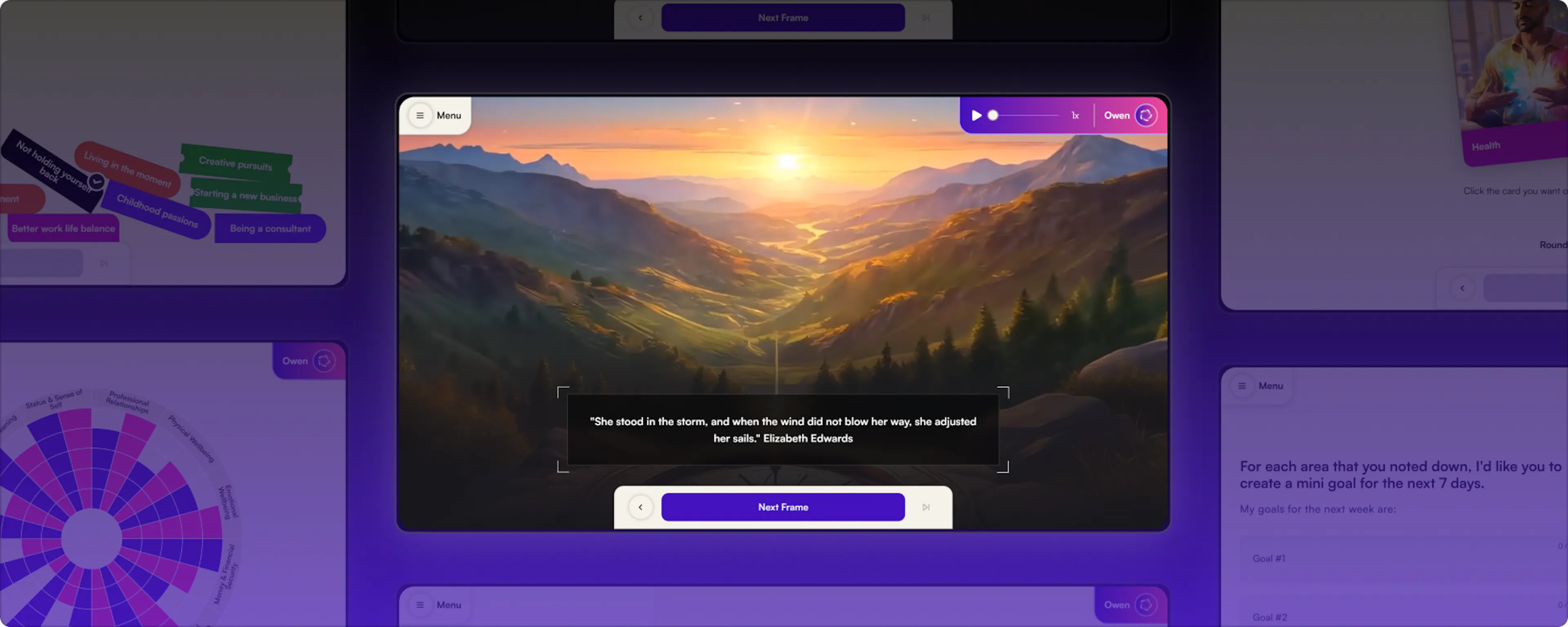 MeRedefined employee wellbeing platform showing a scenic mountain sunset meditation scene with an inspirational Elizabeth Edwards quote and daily goal-setting prompt