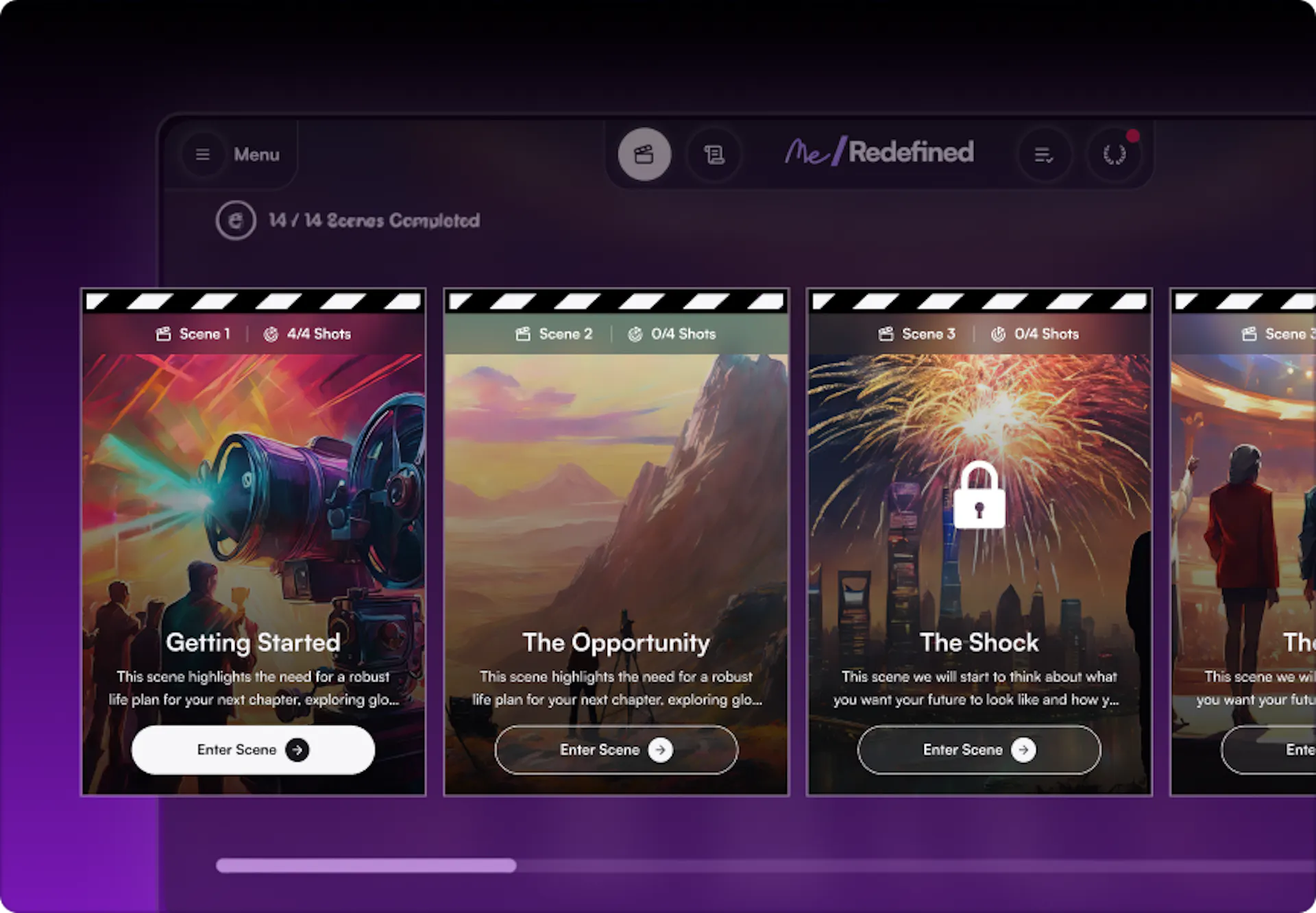 MeRedefined personal growth platform displaying a course library with illustrated story cards including Getting Started, The Opportunity, and The Shock modules for employee development