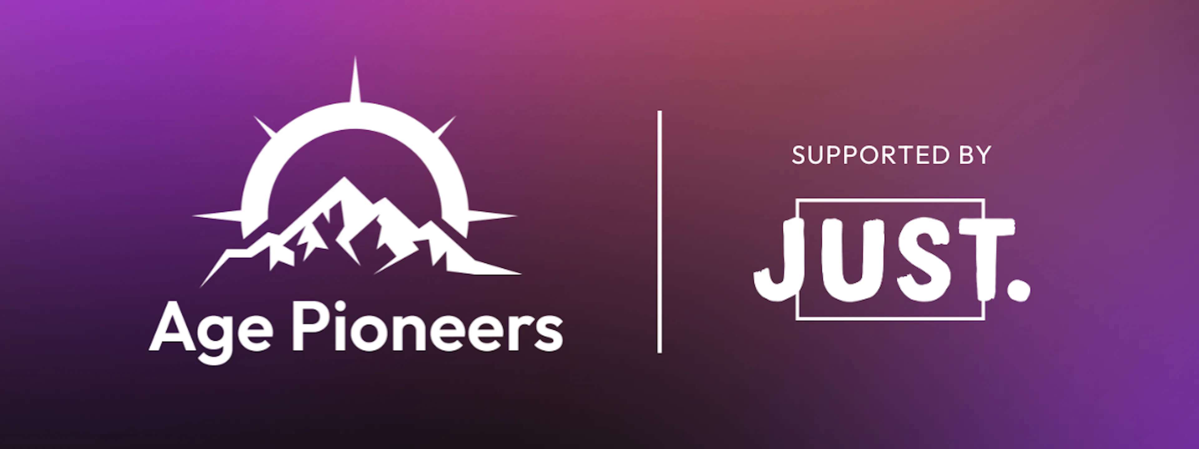 Age Pioneers logo with the text 'supported by Just' on a purple, pink and black gradient background.
