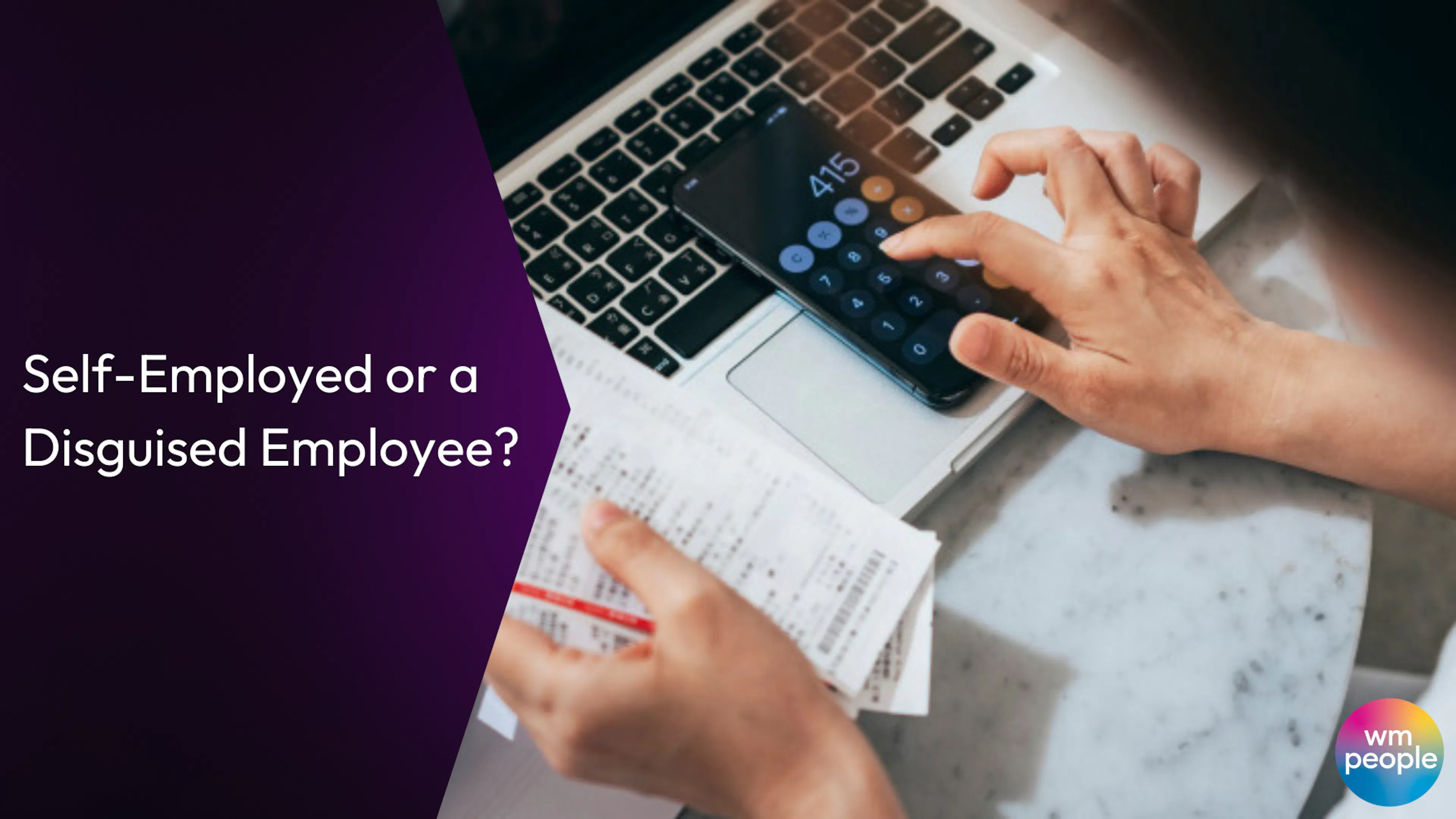 Self-Employed Or a Disguised Employee banner with hands at a computer