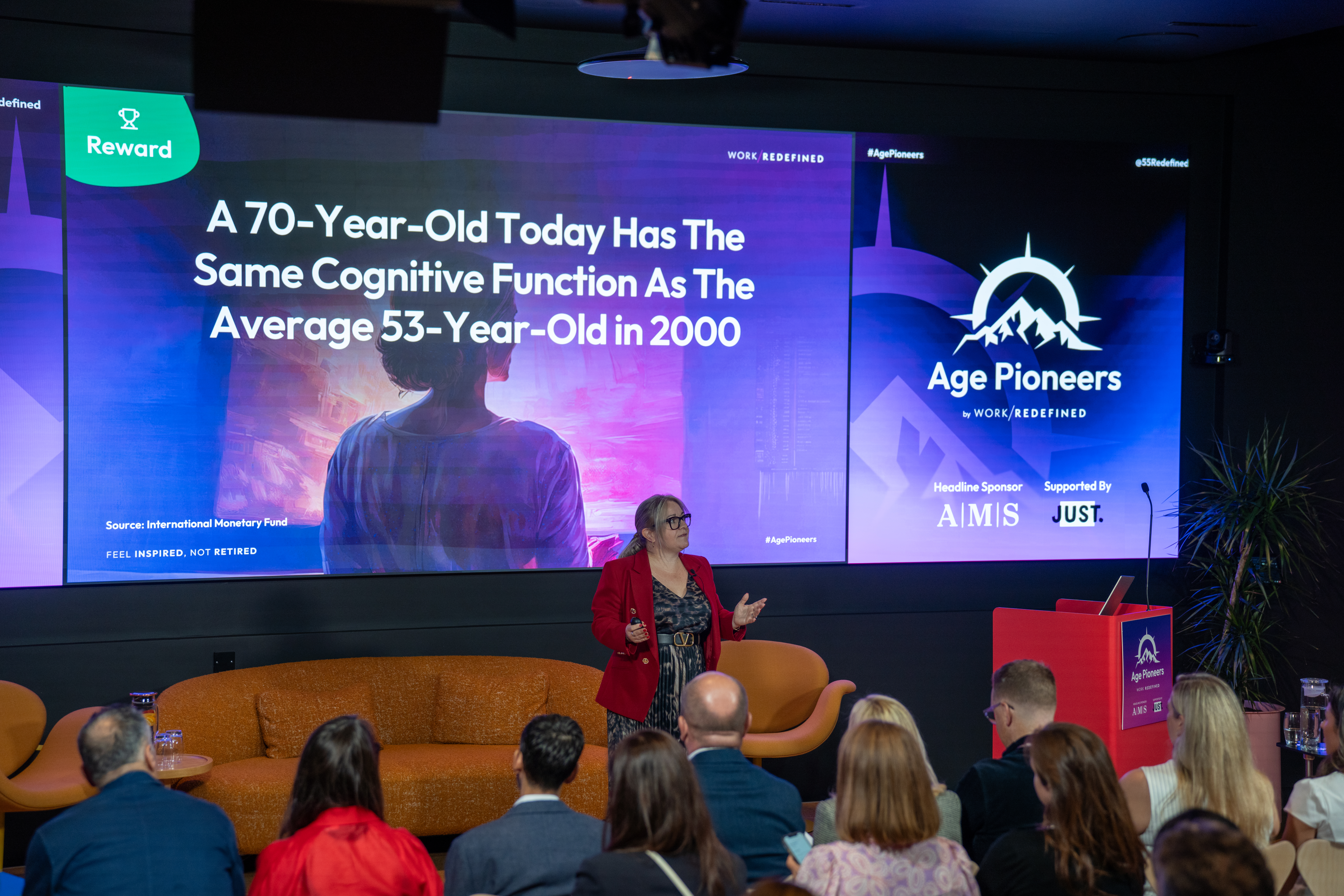 Lyndsey Simpson of 55/Redefind speaking to the audience at Age Pioneers