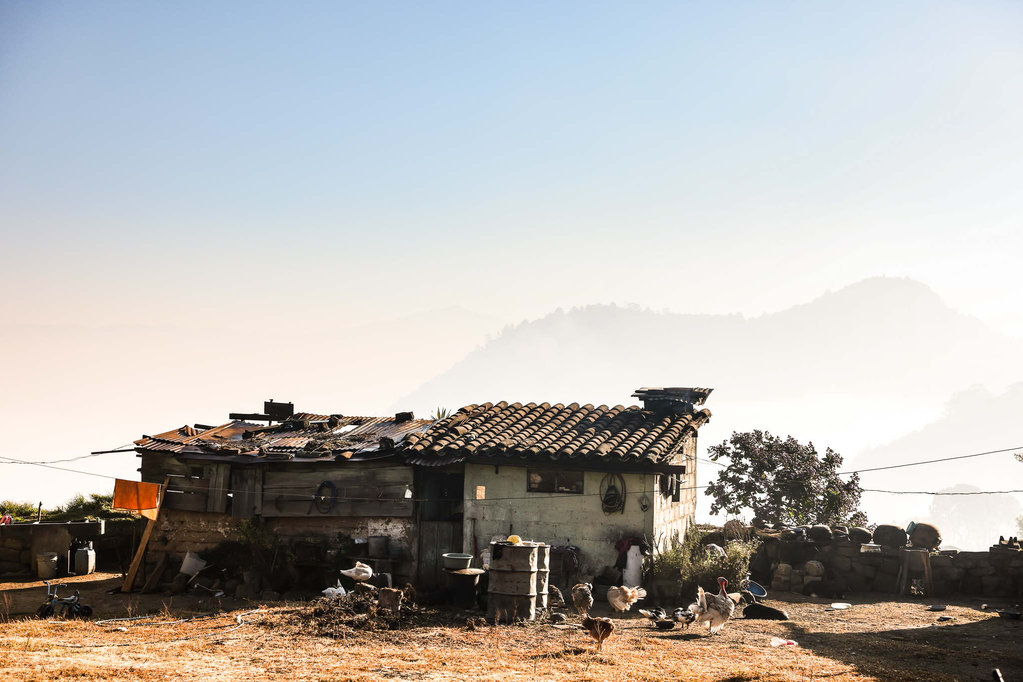 Tile-roofed hillside house with turkeys in the yard above a misty valley