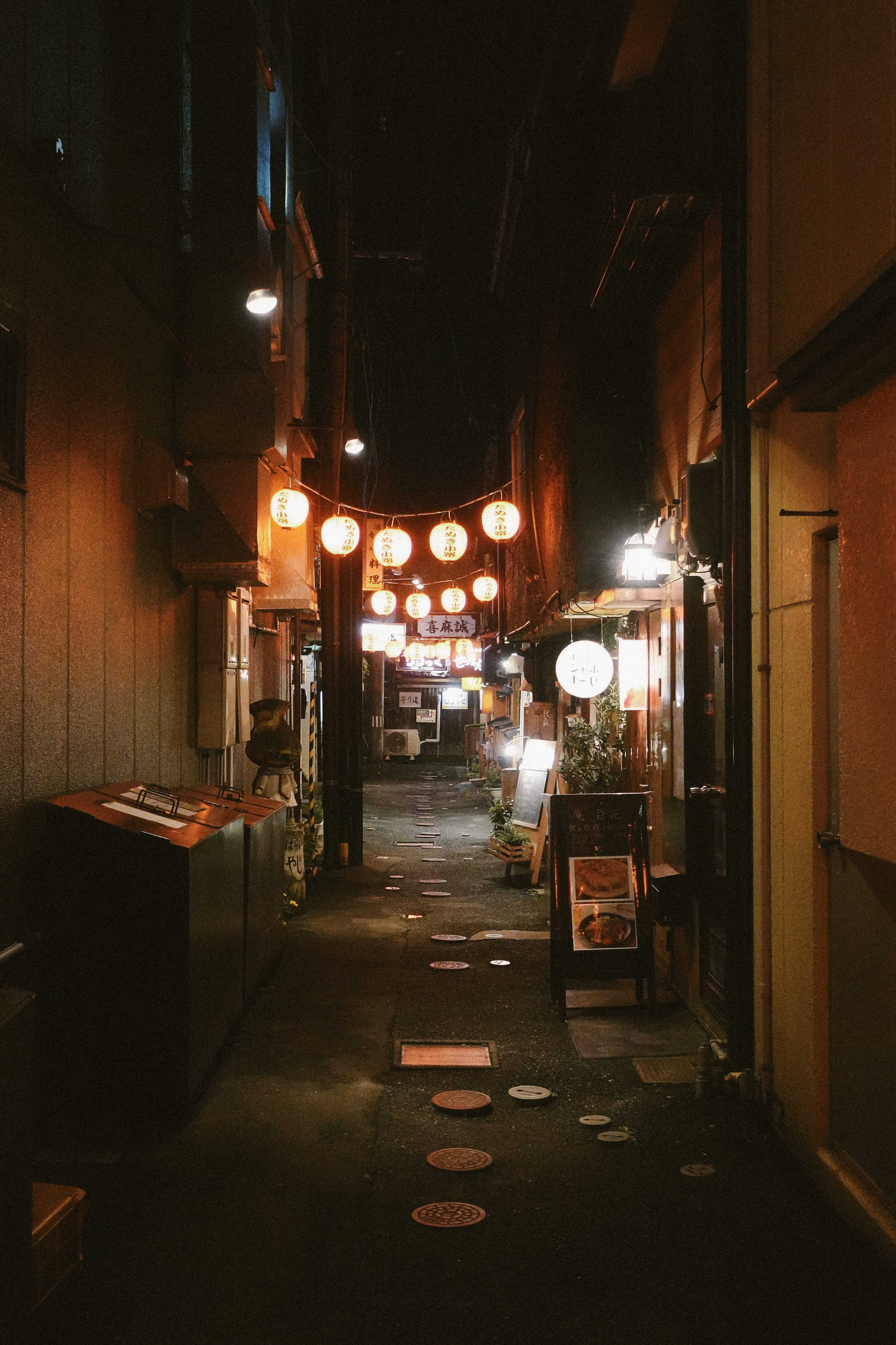 Narrow alley at night strung with lit paper lanterns and shop signs