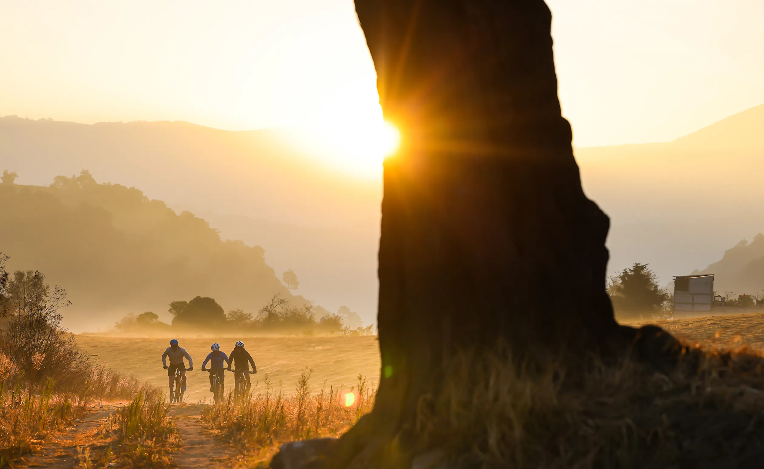 Three riders silhouetted on a dusty track riding into low sun