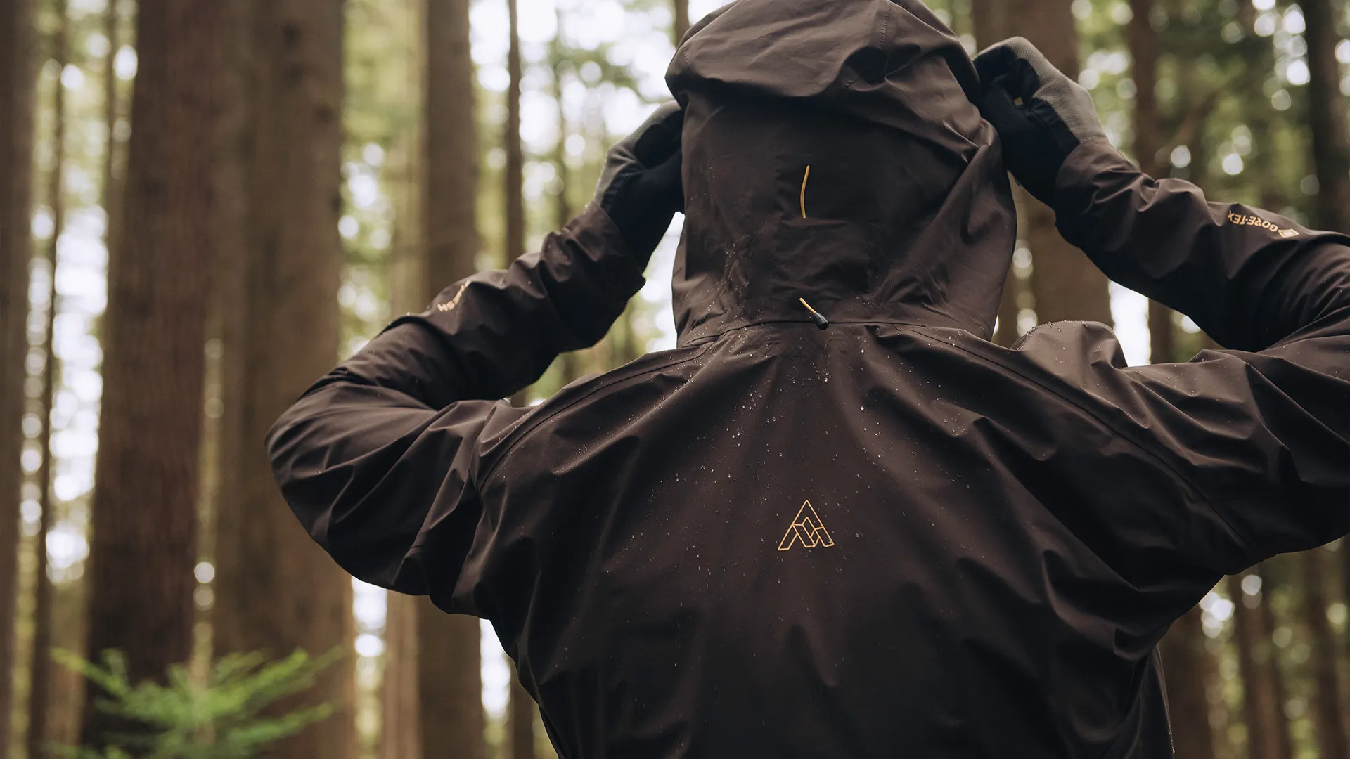 Rider pulling up the hood of a dark GORE-TEX jacket beaded with rain, from behind