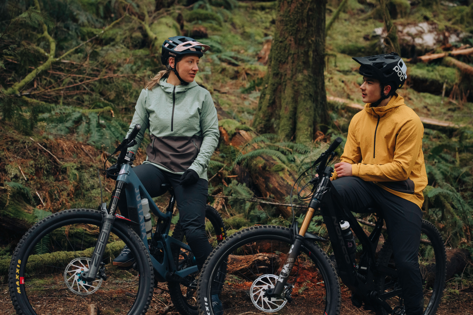 Two mountain bikers on their bikes talking in a mossy, fern-covered forest