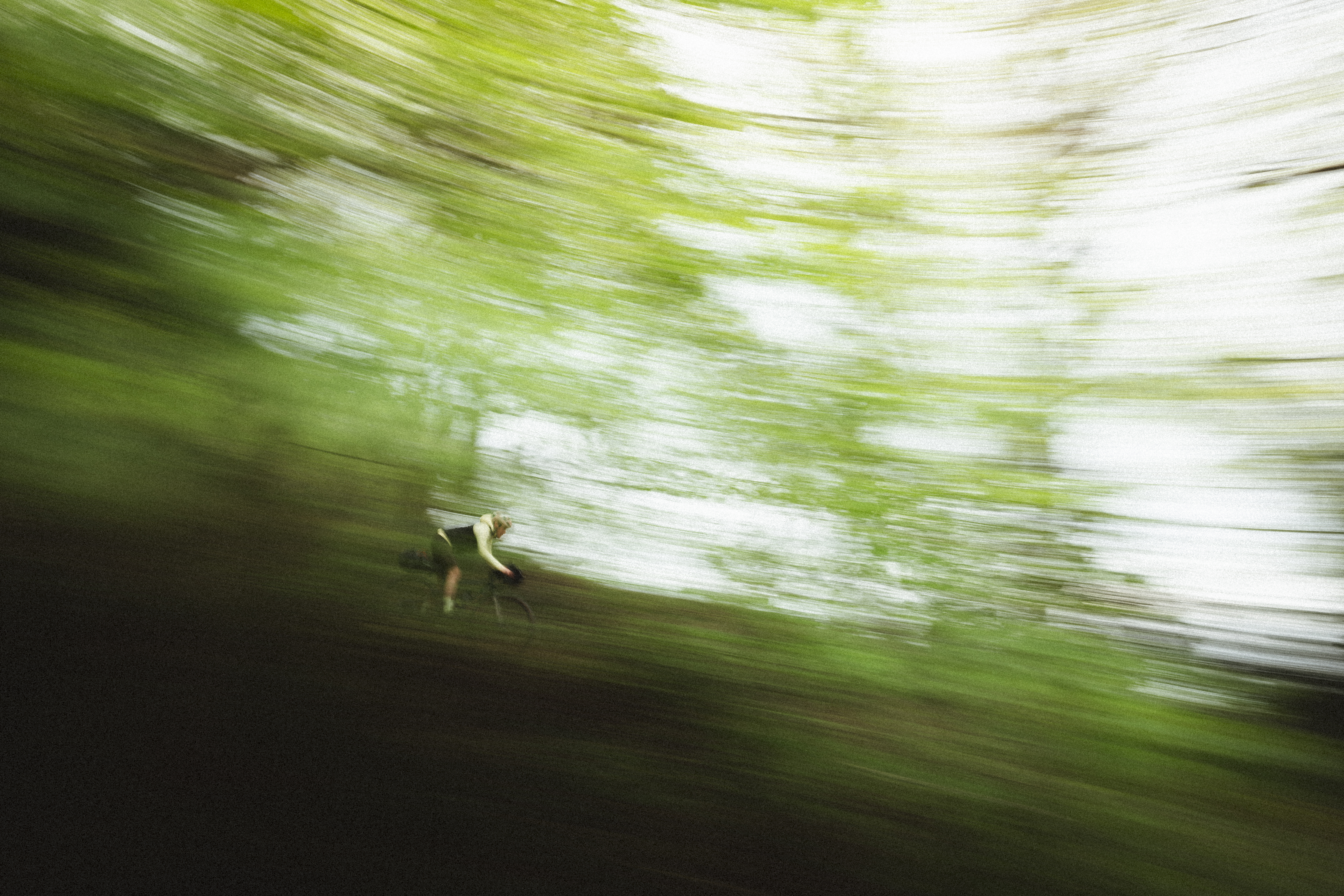 Blurred pan of a rider descending past bright spring woodland