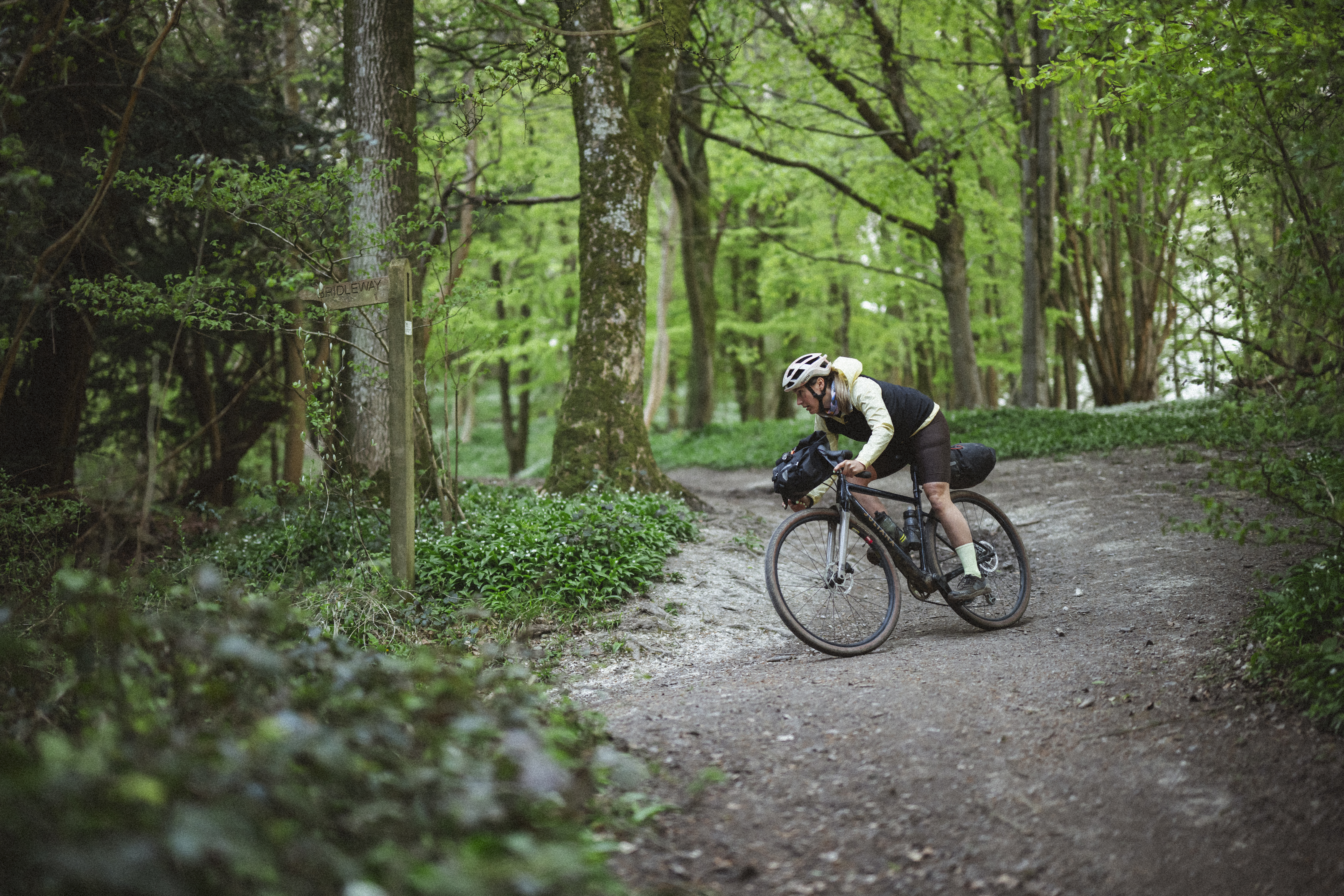 Rider cornering on a gravel track through beech woods in new leaf