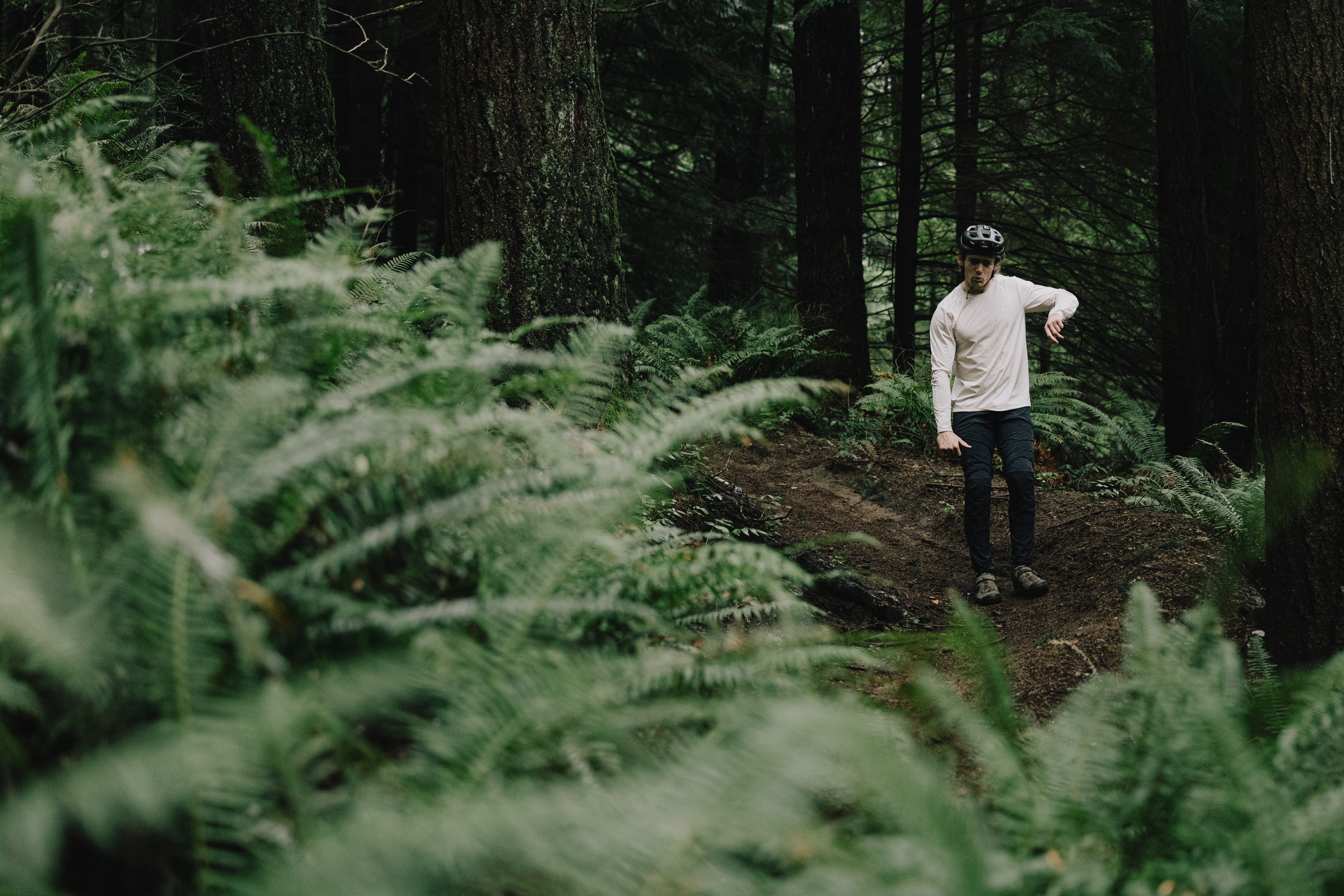 Elliot Jamieson standing on a loamy forest trail among ferns, looking down at the dirt