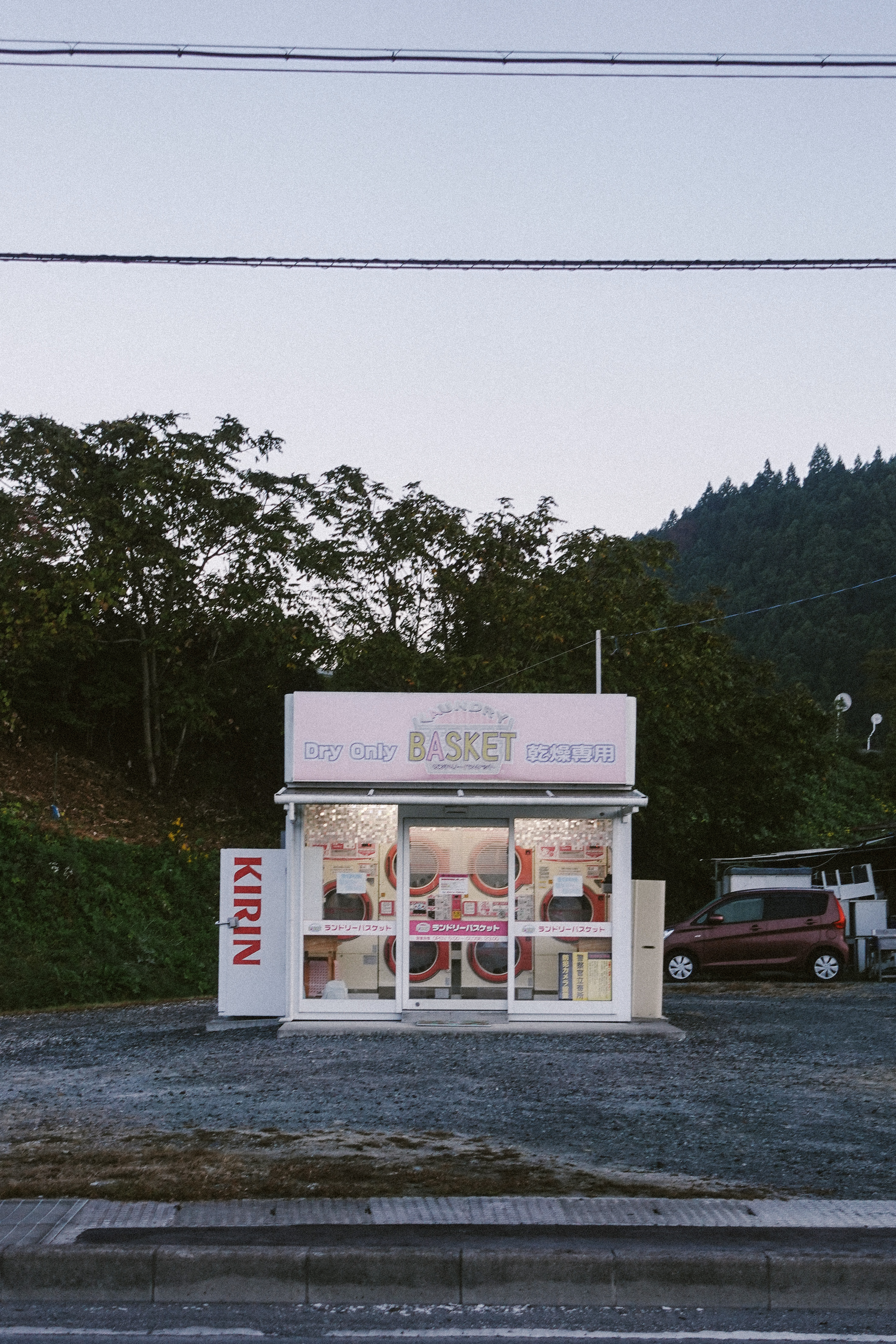 Roadside coin laundry with a pink sign and row of dryers at dusk