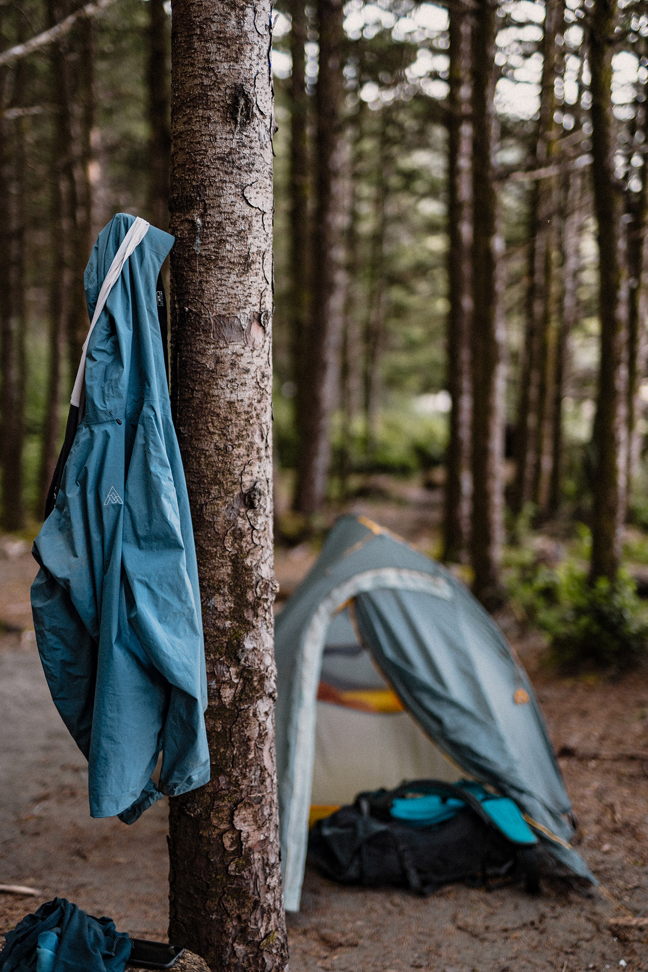 Teal waterproof jacket hung on a tree trunk with a tent pitched in the forest behind