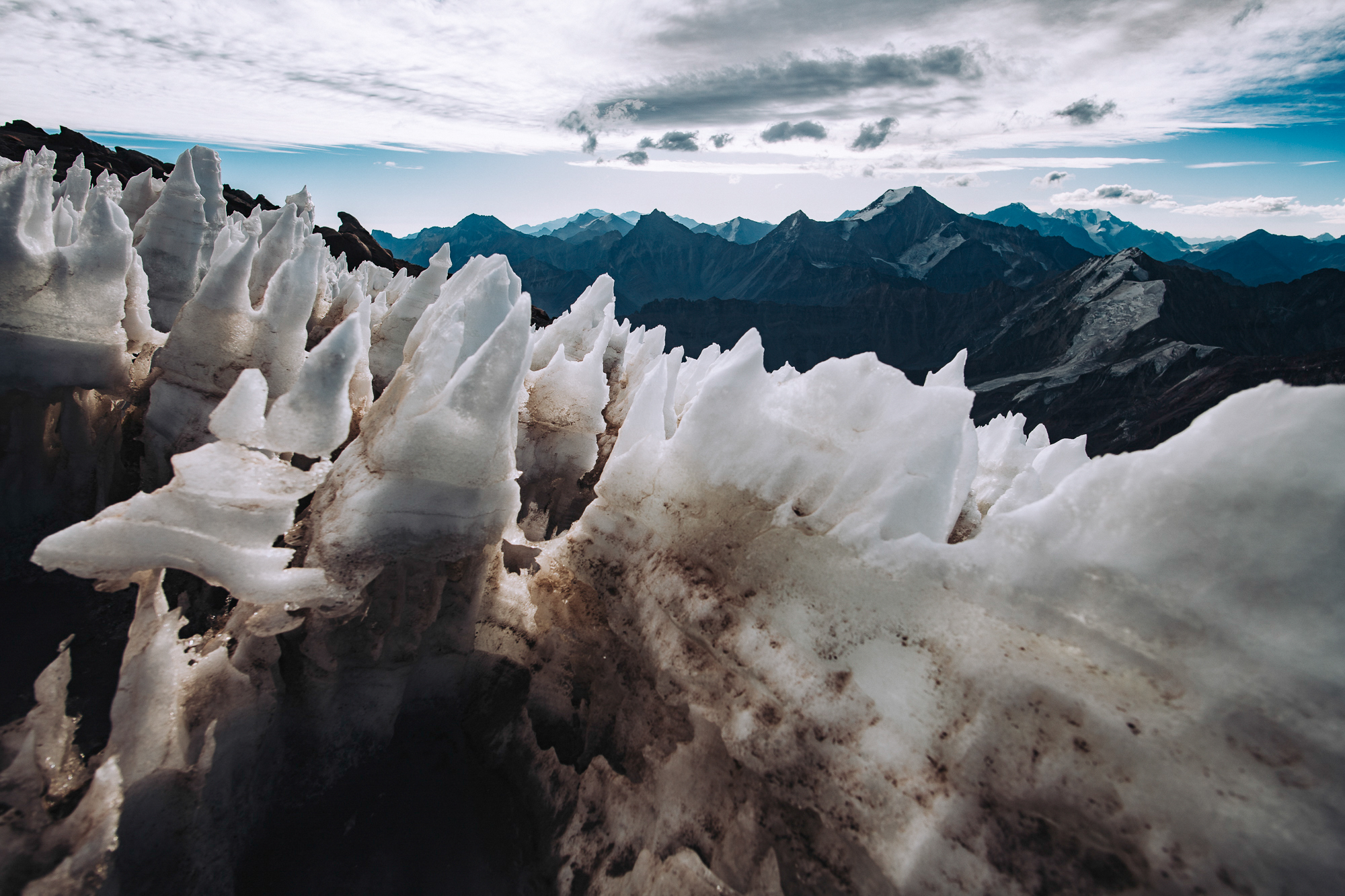 Close view of tall penitentes, spiked ice formations, on a glacier