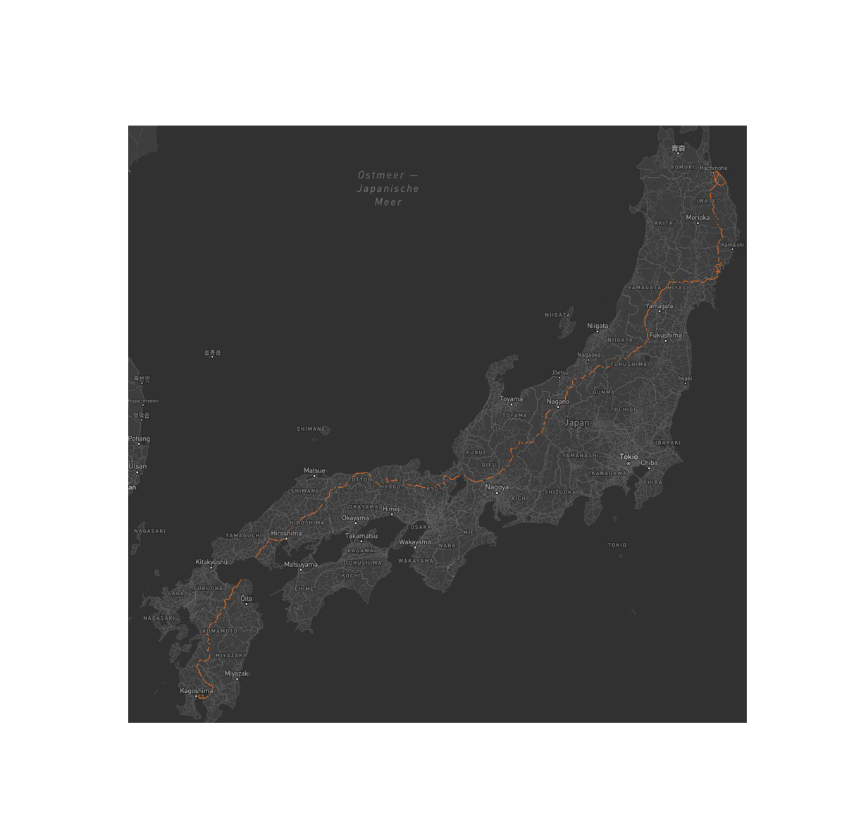 Route map of Japan traced in orange from Kyushu north to Hachinohe