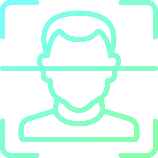 Line icon of a face framed by camera focus brackets for computer vision